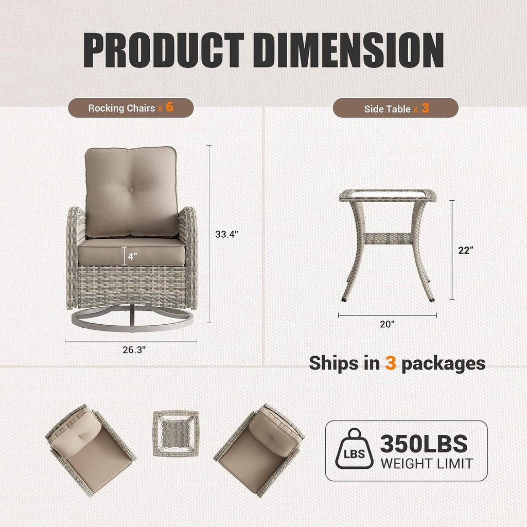 9-Piece Patio Rocking Swivel Chair Outdoor Wicker Rattan Bistro Set with Tempered Glass Side Table, Outdoor Patio Furniture Set for Garden, Deck, and Balcony, Beige