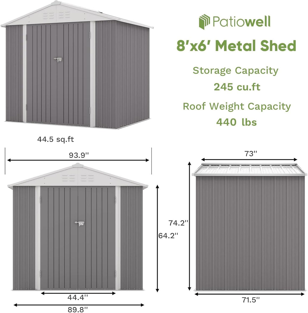 Patiowell 8x6 FT Outdoor Storage Shed, Garden Storage Shed with Sloping Roof and Double Lockable Door, Outdoor Sheds for Backyard Garden Patio Lawn, Gray