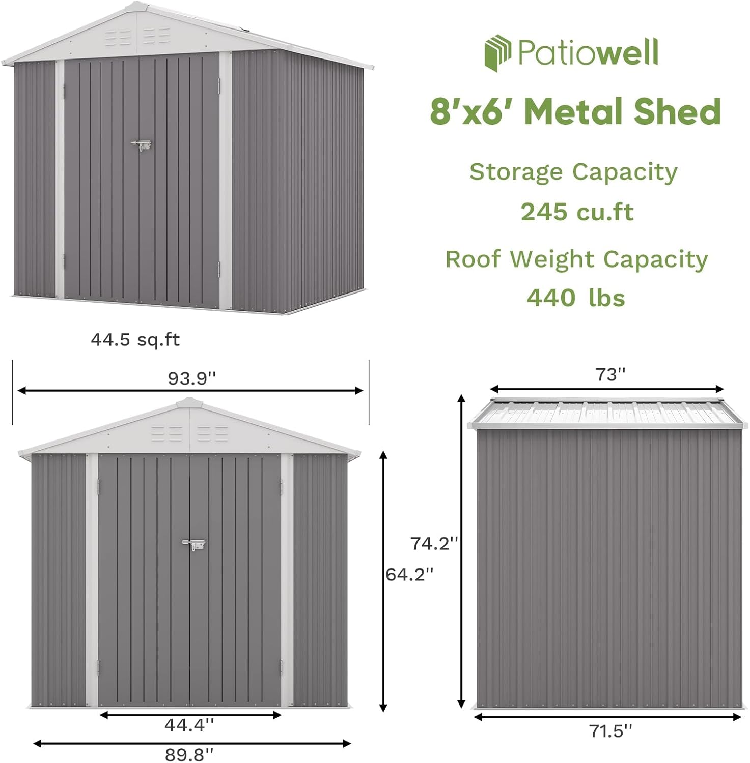 Patiowell 8x6 FT Outdoor Storage Shed, Garden Storage Shed with Sloping Roof and Double Lockable Door, Outdoor Sheds for Backyard Garden Patio Lawn, Gray