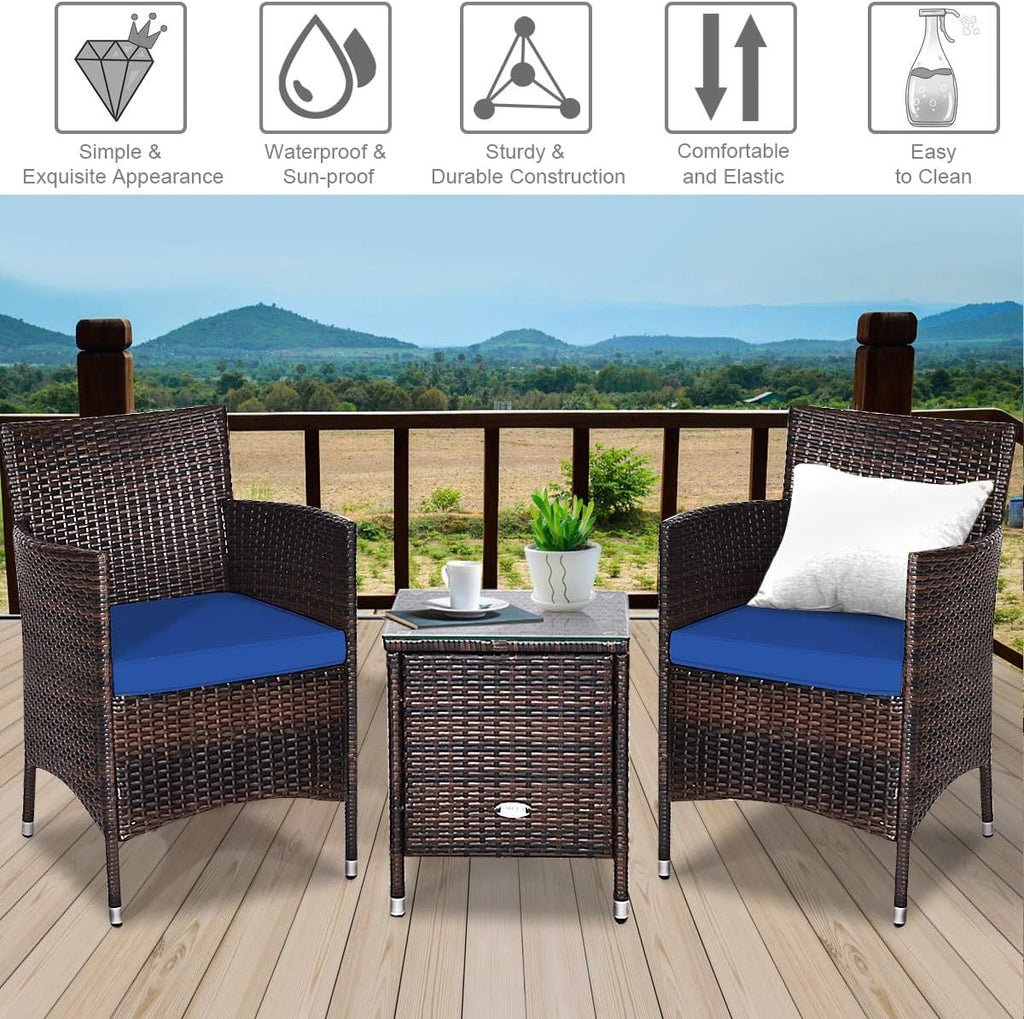 COSTWAY 3 PCS Patio Furniture Set, Outdoor Wicker Conversation Set with Tempered Glass Coffee Table, Seat Cushions, Rattan Wicker Chairs for Poolside Balcony Porch Backyard, Navy