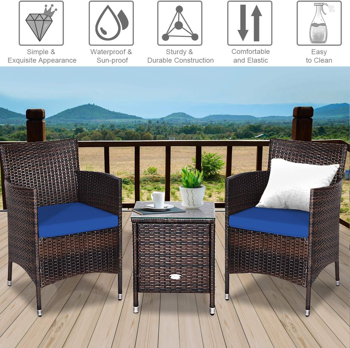 COSTWAY 3 PCS Patio Furniture Set, Outdoor Wicker Conversation Set with Tempered Glass Coffee Table, Seat Cushions, Rattan Wicker Chairs for Poolside Balcony Porch Backyard, Navy