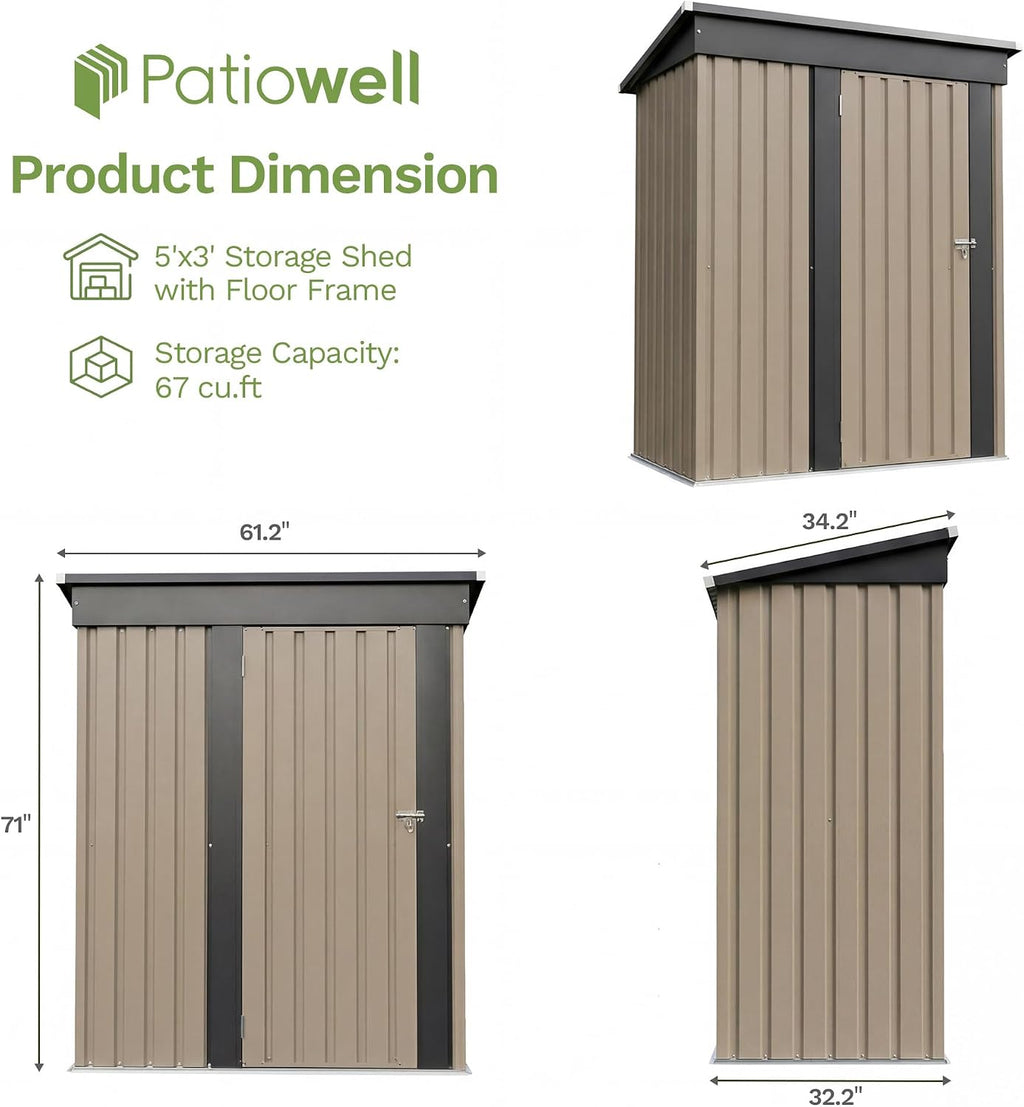 Patiowell 5x3 FT Outdoor Storage Shed with Floor Frame, Small Metal Garden Sheds with Sloping Roof and Lockable Door, Waterproof Patio Tool Shed for Backyard Garden Lawn, Brown