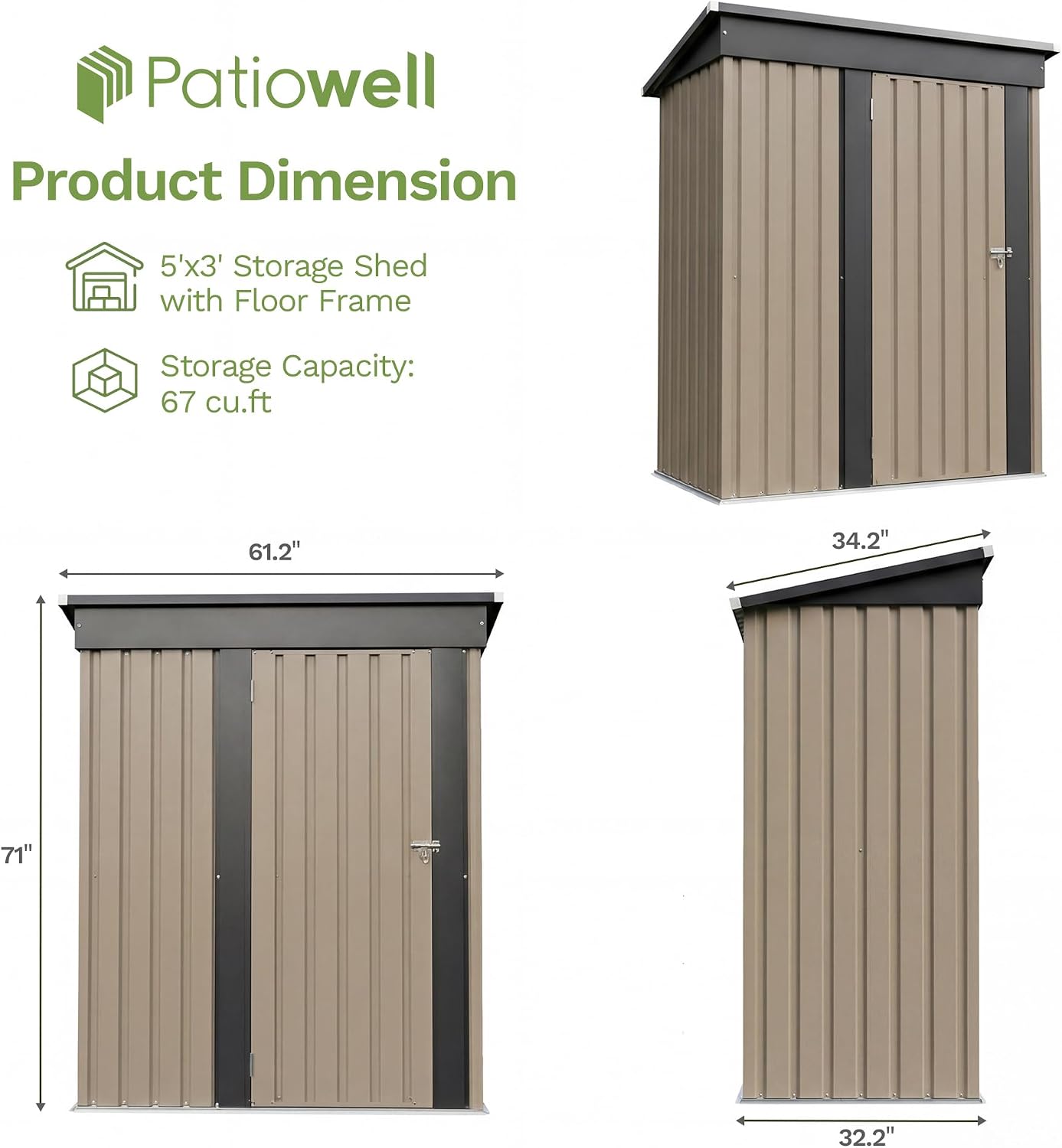 Patiowell 5x3 FT Outdoor Storage Shed with Floor Frame, Small Metal Garden Sheds with Sloping Roof and Lockable Door, Waterproof Patio Tool Shed for Backyard Garden Lawn, Brown