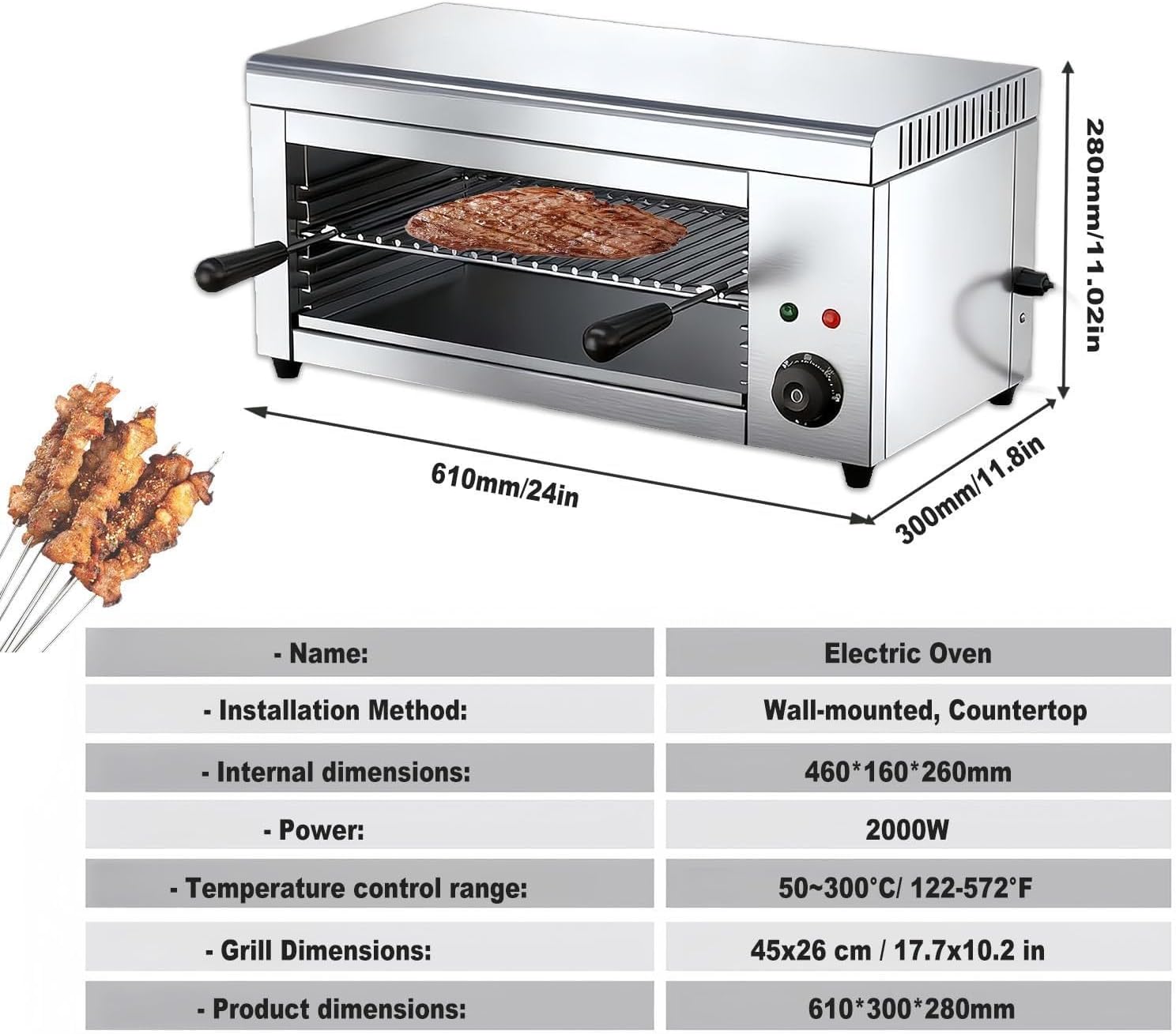 Family Indoor Electric Grill, 2000W & 30L With 4 Adjustable Racks - Healthy No-Smoke Grilling, 50-300°C Thermostat, Stainless Steel, Perfect For Roasts And BBQ