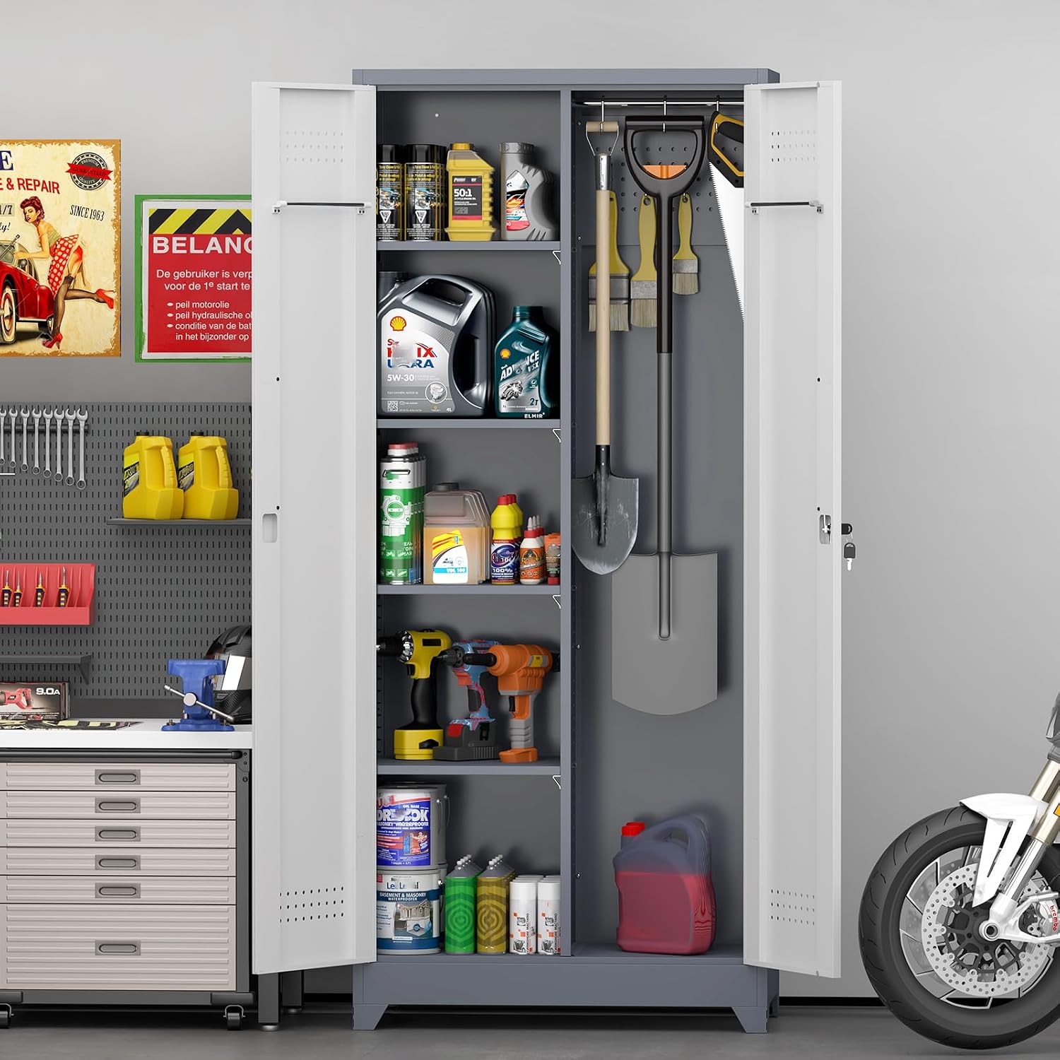 GREATMEET 72'' Metal Utility Storage Cabinet with Pegboard & Tool Hanging Bars, Double Door Cleaning Supply Organizer with Adjustable Shelves, Tall Garage Janitor Storage Cabinet, Gray White