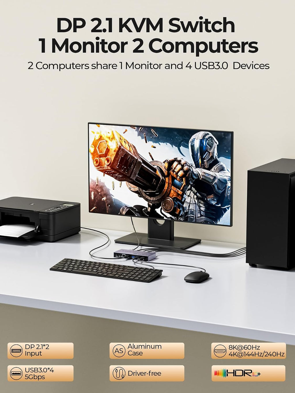 8K Displayport 2.1 KVM Switch 2 in 1 Out DP1.4 with 4 USB 3.0 Ports Support 8K@60Hz 4K@240Hz, 2 Computers Share 1 Monitor Keyboard Mouse U-Disk Printer