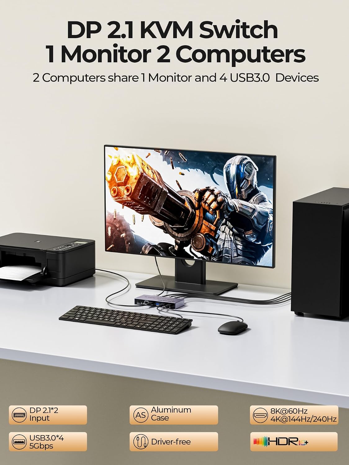8K Displayport 2.1 KVM Switch 2 in 1 Out DP1.4 with 4 USB 3.0 Ports Support 8K@60Hz 4K@240Hz, 2 Computers Share 1 Monitor Keyboard Mouse U-Disk Printer