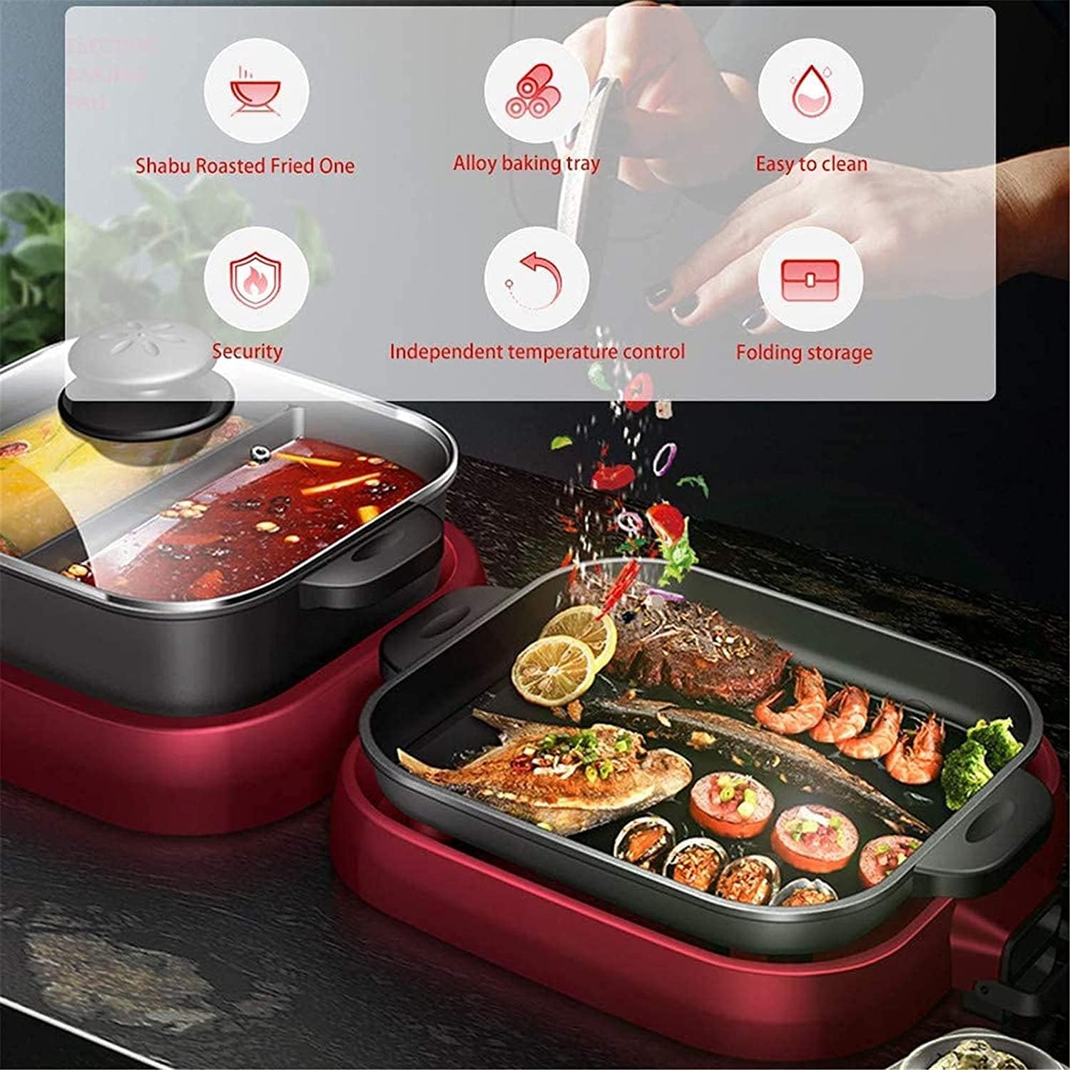 2-IN-1 Electric Grill & Hot Pot, Foldable Roasted Baking Pan Dish Pot,Separately Dual Temperature Control BBQ and Smokeless Shabu-pot,2000W