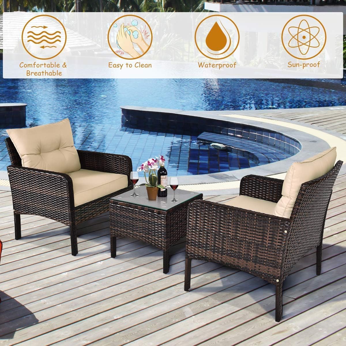 COSTWAY 3 Pieces Patio Furniture Set, Outdoor Wicker Cushioned Sofa Set with Coffee Table, All Weather Rattan Conversation Set for Garden Balcony Backyard Poolside Lawn, Beige