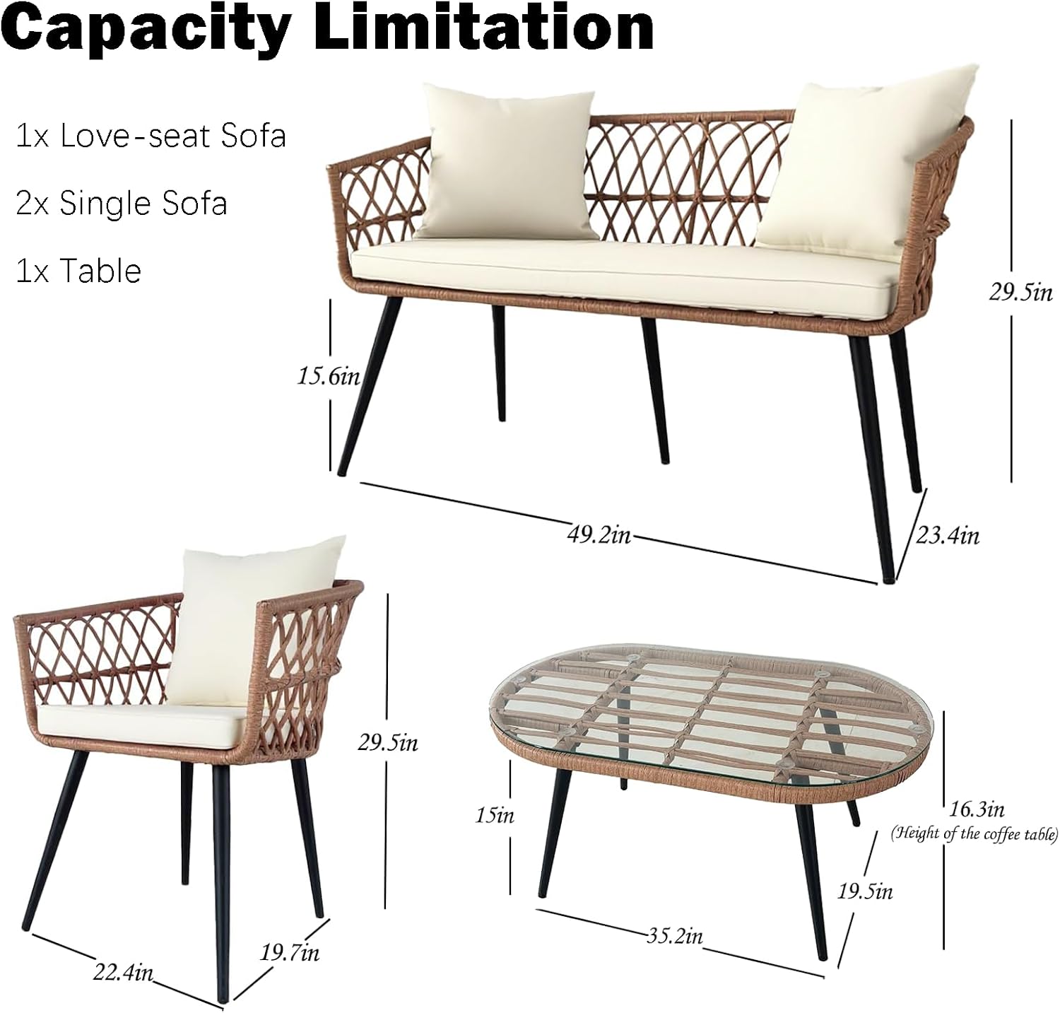 4 Piece Patio Furniture Set,Outdoor Conversation Set with Wicker Sofa, 2 Rattan Chairs and Glass Table, Patio Bistro Set with All Weather Cushions, for Garden, Porch, Backyard (Beige)