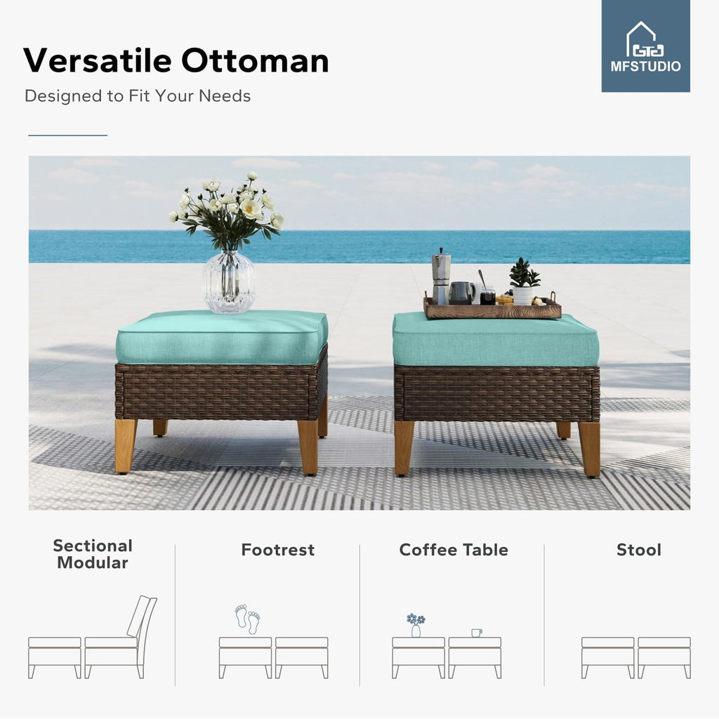 MFSTUDIO 9 Piece Extra Large Wicker Patio Furniture Set, 2 x Loveseat Sofa, 2 x Ottoman, 3-Seat Sofa, All-Weather Outdoor PE Rattan Patio Conversation Set for Garden, Backyard(Aqua Blue Cushions)