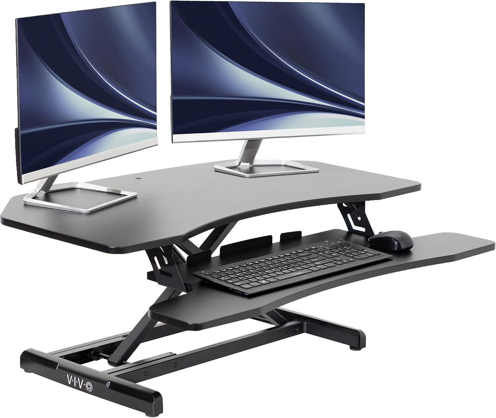 VIVO Corner Height Adjustable 38 inch Standing Desk Converter, Quick Sit to Stand Tabletop Dual Monitor Riser Workstation, DESK-V037MC