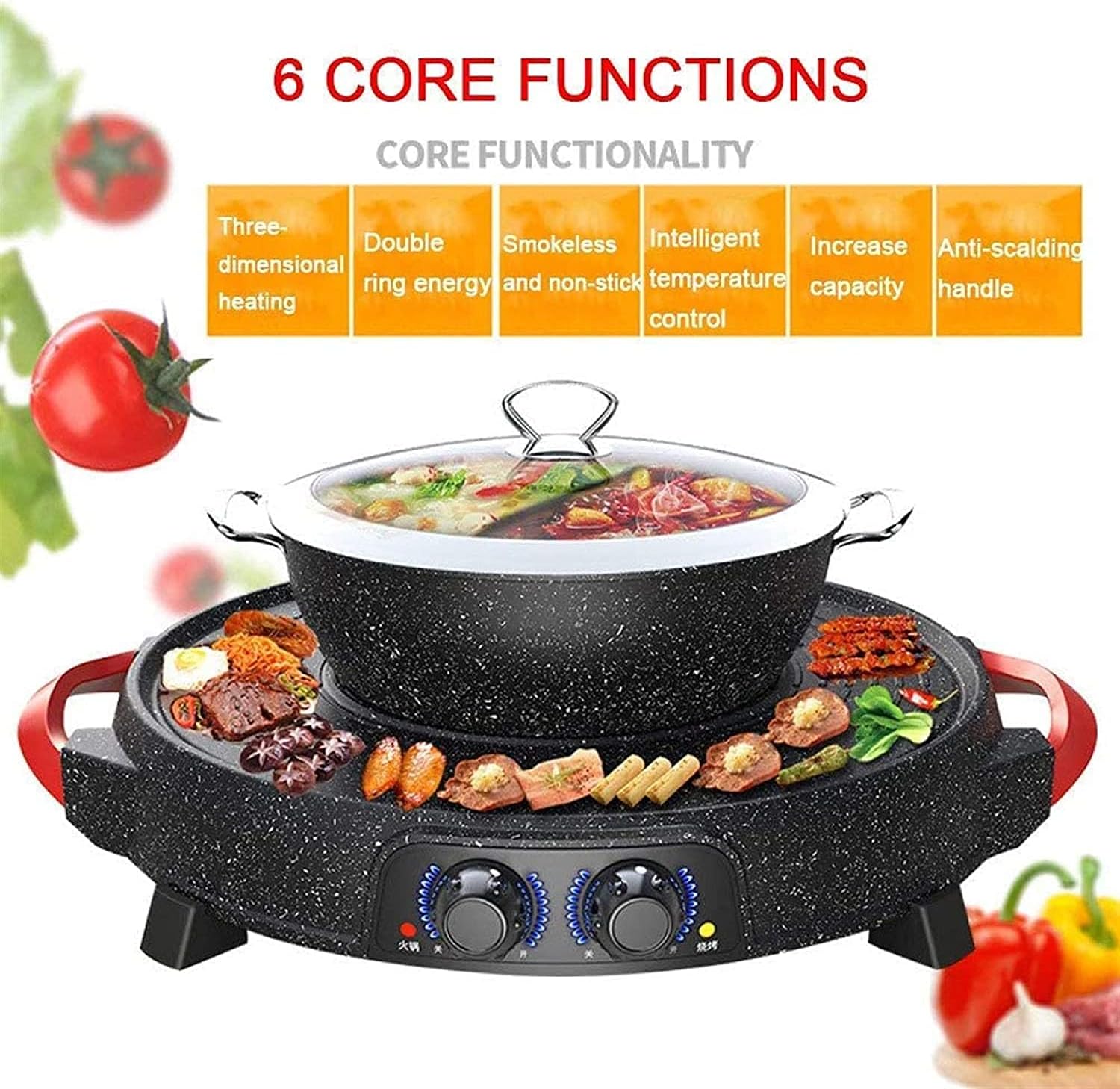 Electric Grill, Multifunction Two-In-One Electric Smokeless Non-Stick Barbecue Grilled Shabu-Shabu Baking Pan Large Capacity Separable Baking Pan 2200W,Maifanshishunfeng,Hous