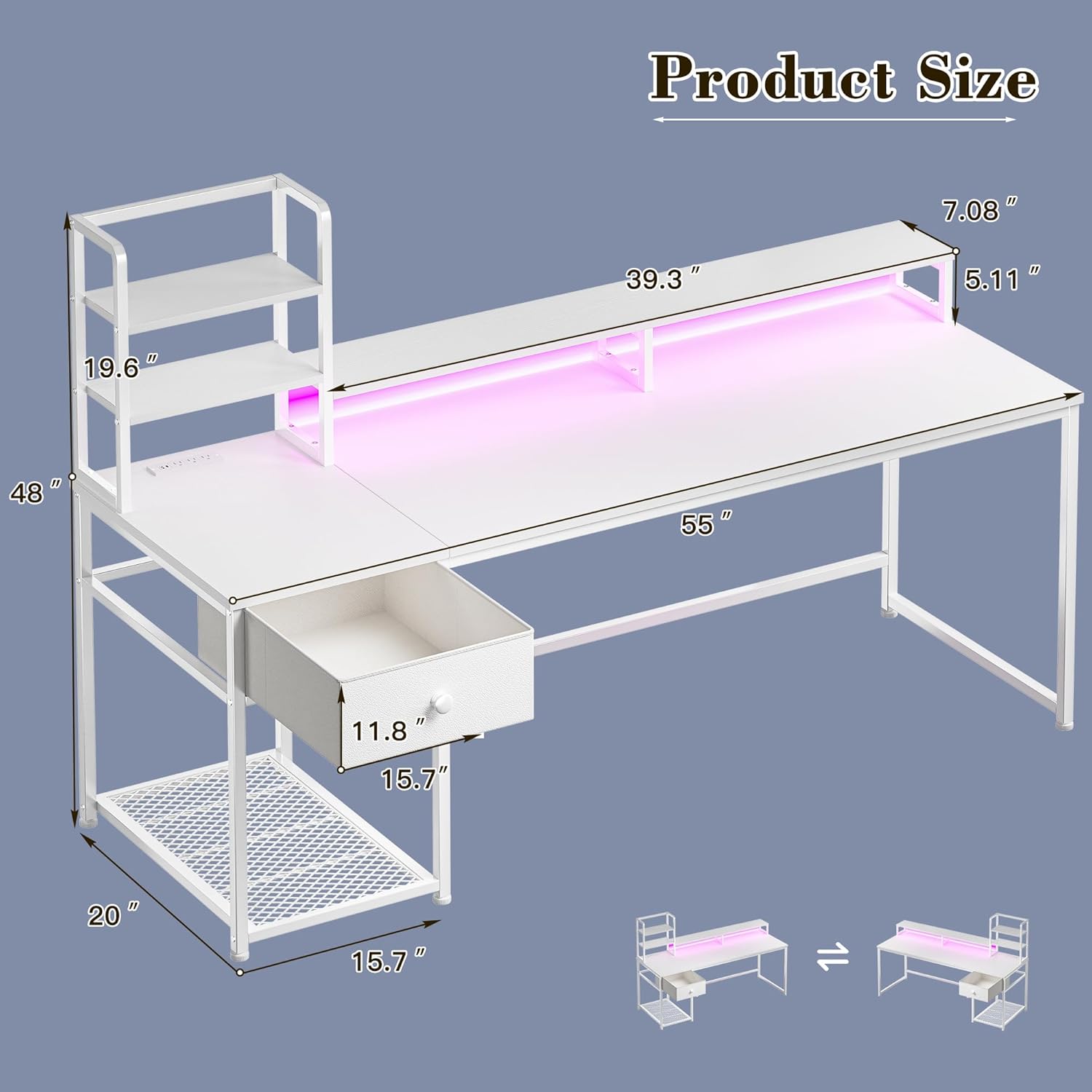 55 Inch White Computer Desk with Drawers and Hutch,Reversible Home Office Desk with Monitor Shelf,Gaming Desks with USB Power Outlets&Storage,Writing Study Table for Bedroom with LED Lights,White