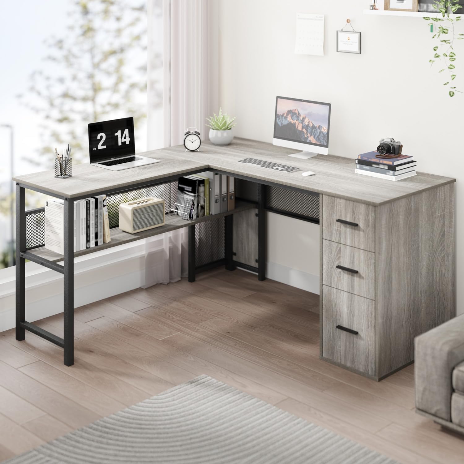 LVB Reversible Gray L Shaped Corner Desk, Farmhouse Wood Computer Desk with File Drawers Cabinets, Large Work Study Executive Home Office Desk with Storage Shelves for Bedroom, Light Grey Oak, 59 Inch
