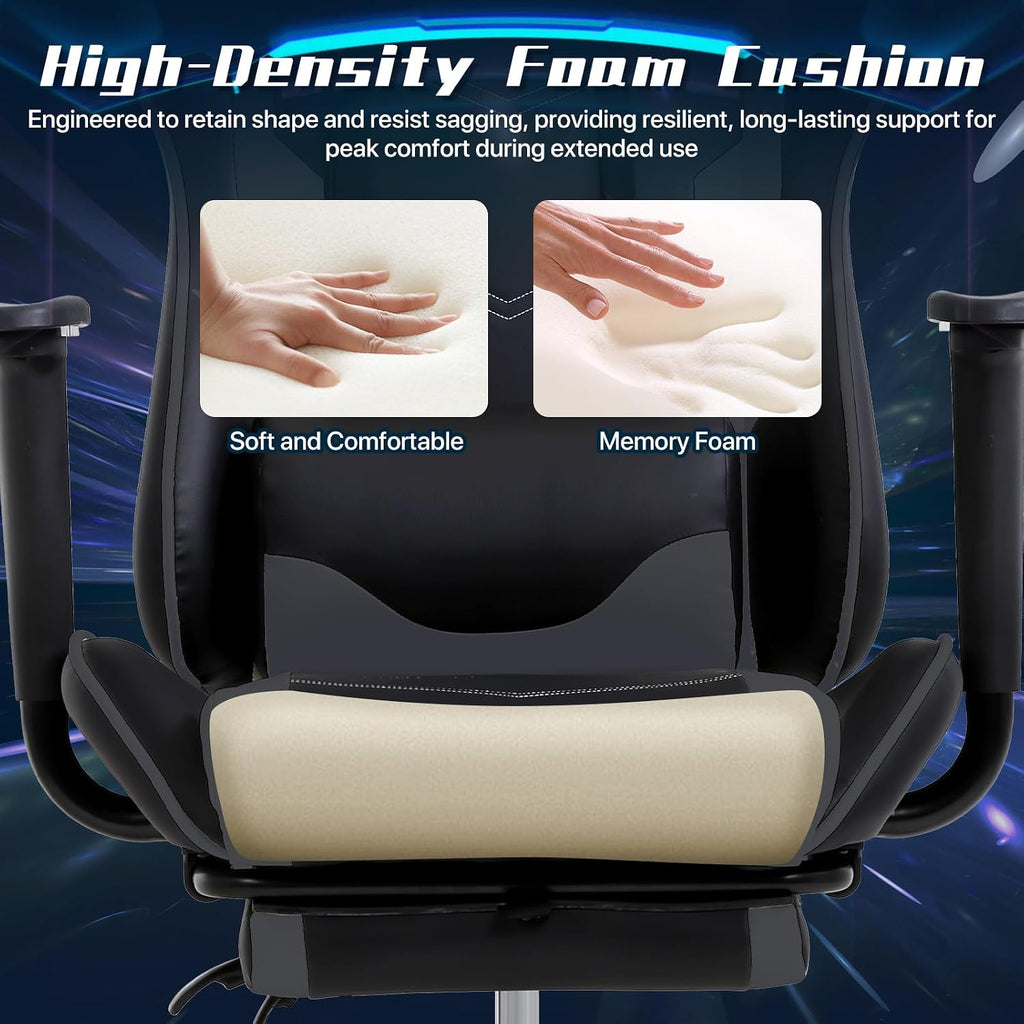 Ergonomic Gaming Chair with Footrest, High Back PU Leather Office Desk Chair for Adults Teens, Rolling Swivel Computer Chair (Grey)