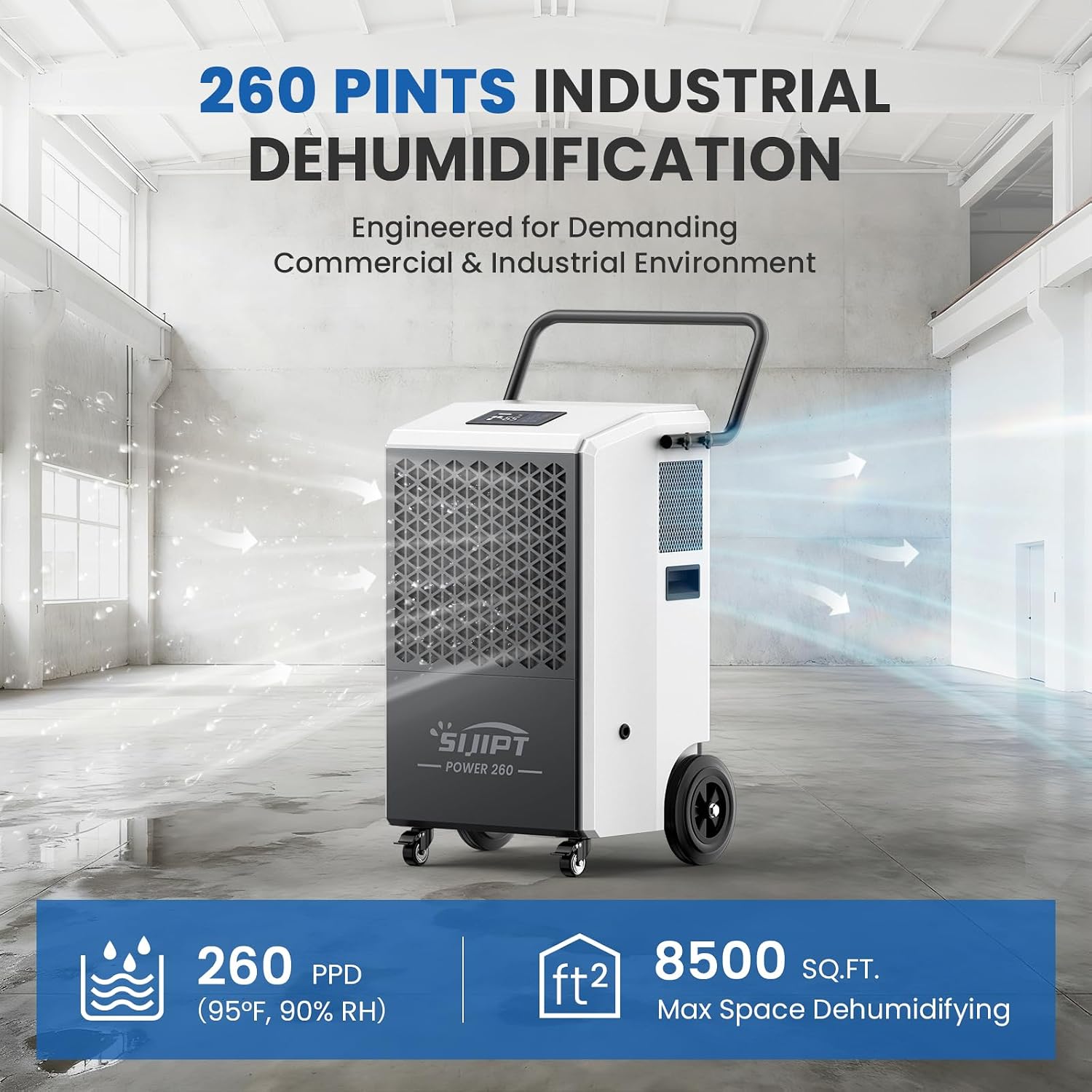 Commercial Dehumidifier with Pump, 260 Pints Industrial Dehumidifier for Basements, Industrial or Commercial Spaces, and Flood Restoration up to 8,500 Sq Ft with Auto Defrost