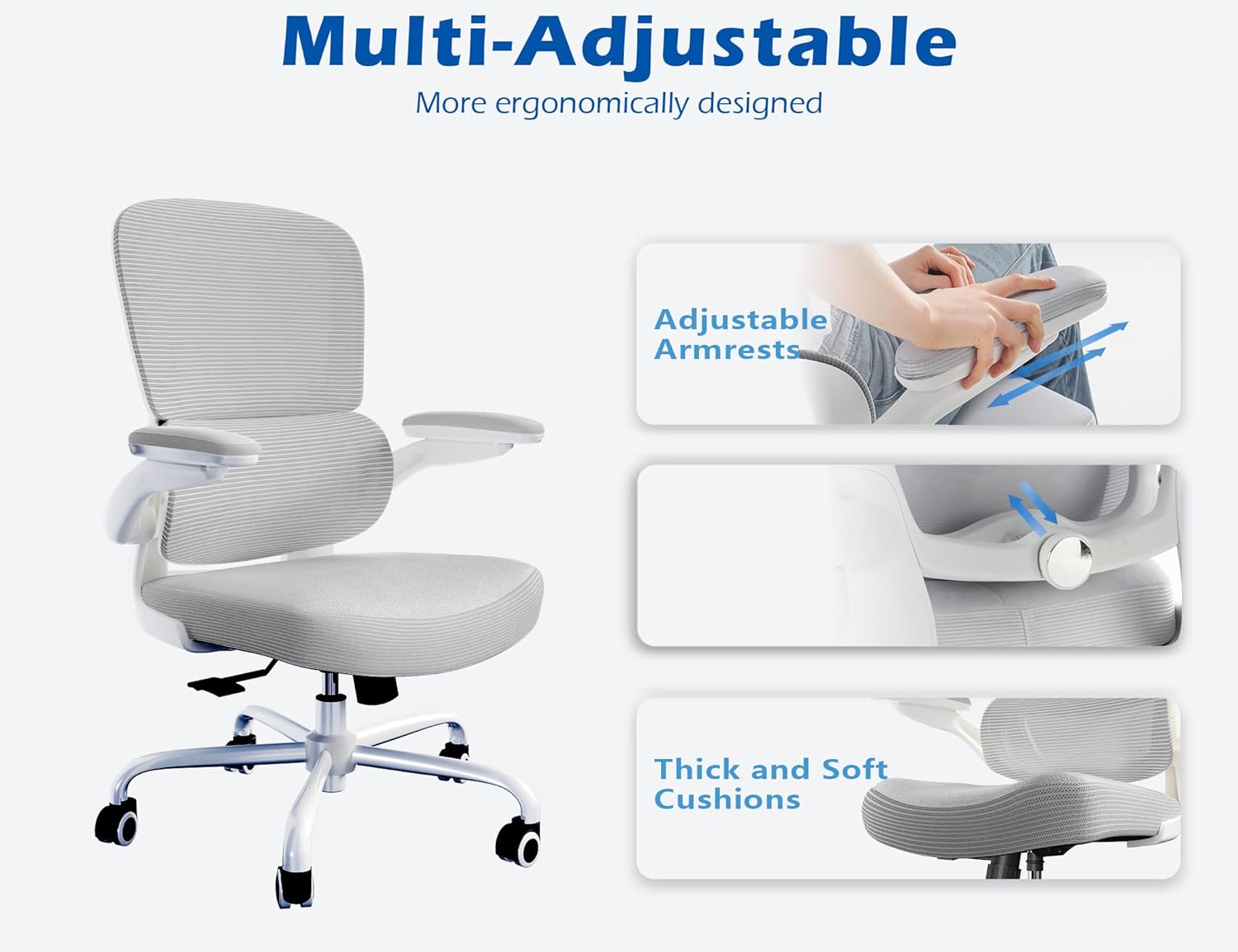 TRALT Ergonomic Office Chair - Desk Chair with Adjustable Lumbar Support Computer Chair - Mesh Comfy Chair with Flip-up Armrests - Gaming Chairs for Adults Home Office (Leather, Grey)