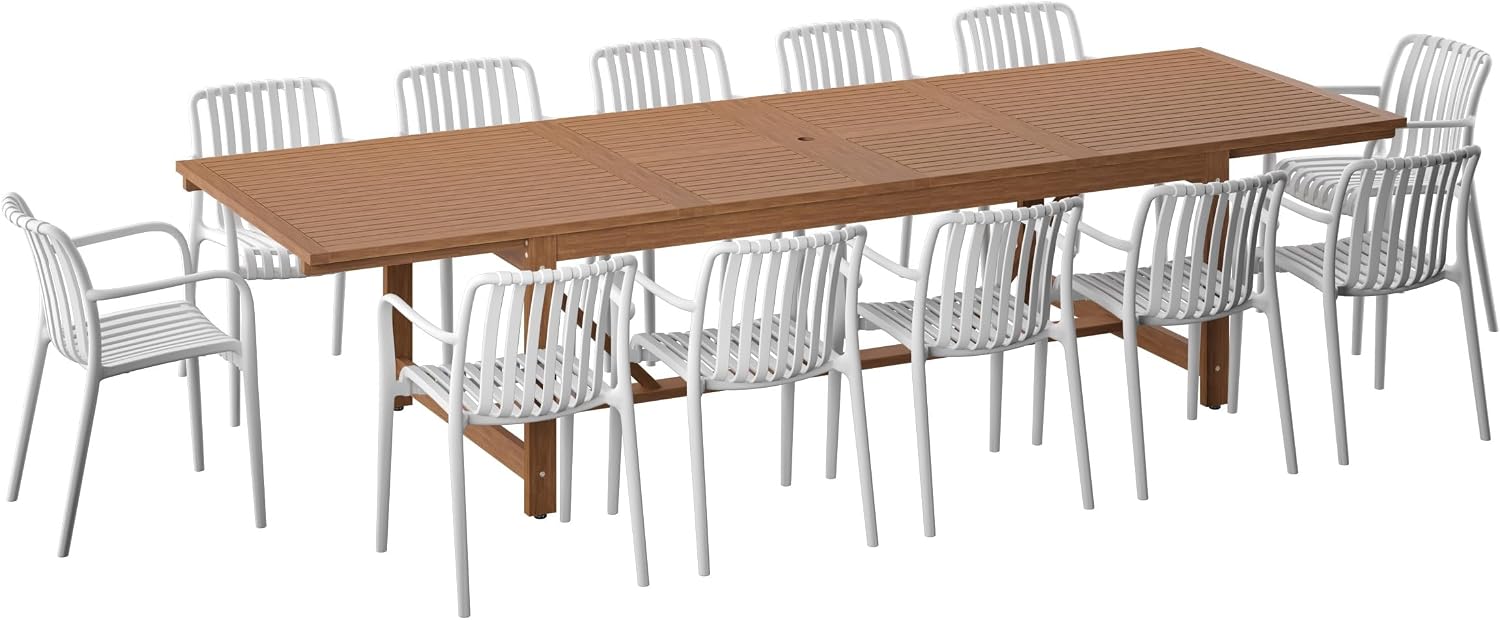 Urban Elements Frida Rectangular Extendable Patio Furniture Set | 100% Certified Teak Finish | Backyard Furniture, Outside Table and Chairs, Rectangular Outdoor Dining Set (White, 13-Piece)