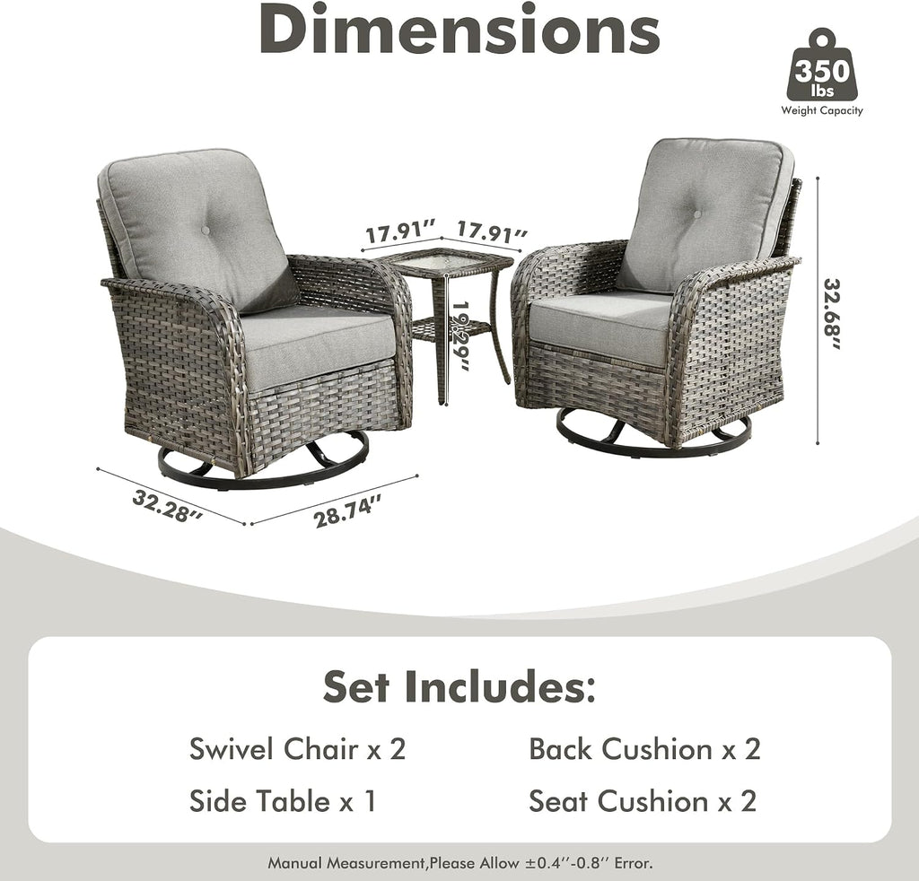 CAODOC 3-Piece Swivel Rocking Rattan Chair Outdoor, Patio Bistro Furniture Conversation Set, Wicker Chair with Coffee Table Dark Gray