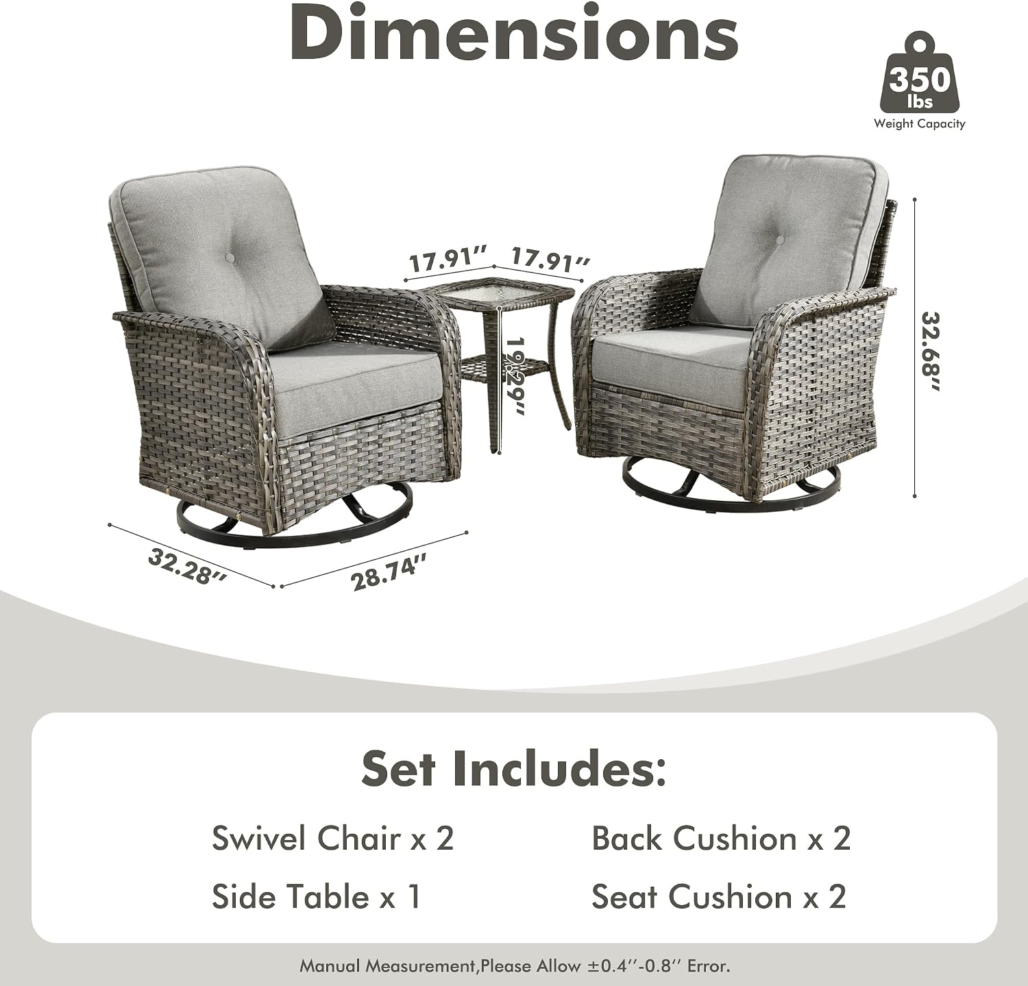 CAODOC 3-Piece Swivel Rocking Rattan Chair Outdoor, Patio Bistro Furniture Conversation Set, Wicker Chair with Coffee Table Dark Gray