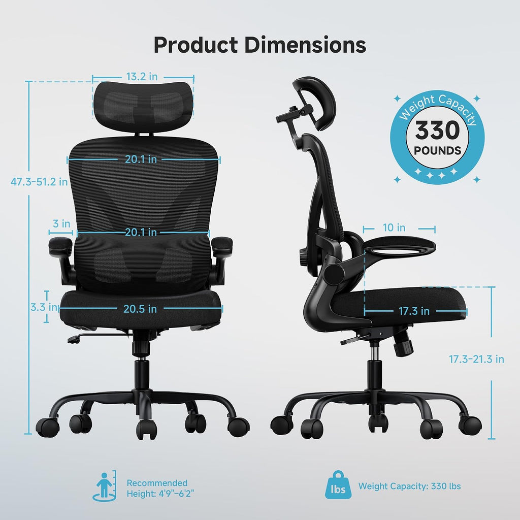Ergonomic Office Chair, 330LBS Desk Chair with 3-Level Lumbar Support & Headrest, Breathable Mesh Backrest, Flip-Up Armrests for Home Office and Gaming, Black