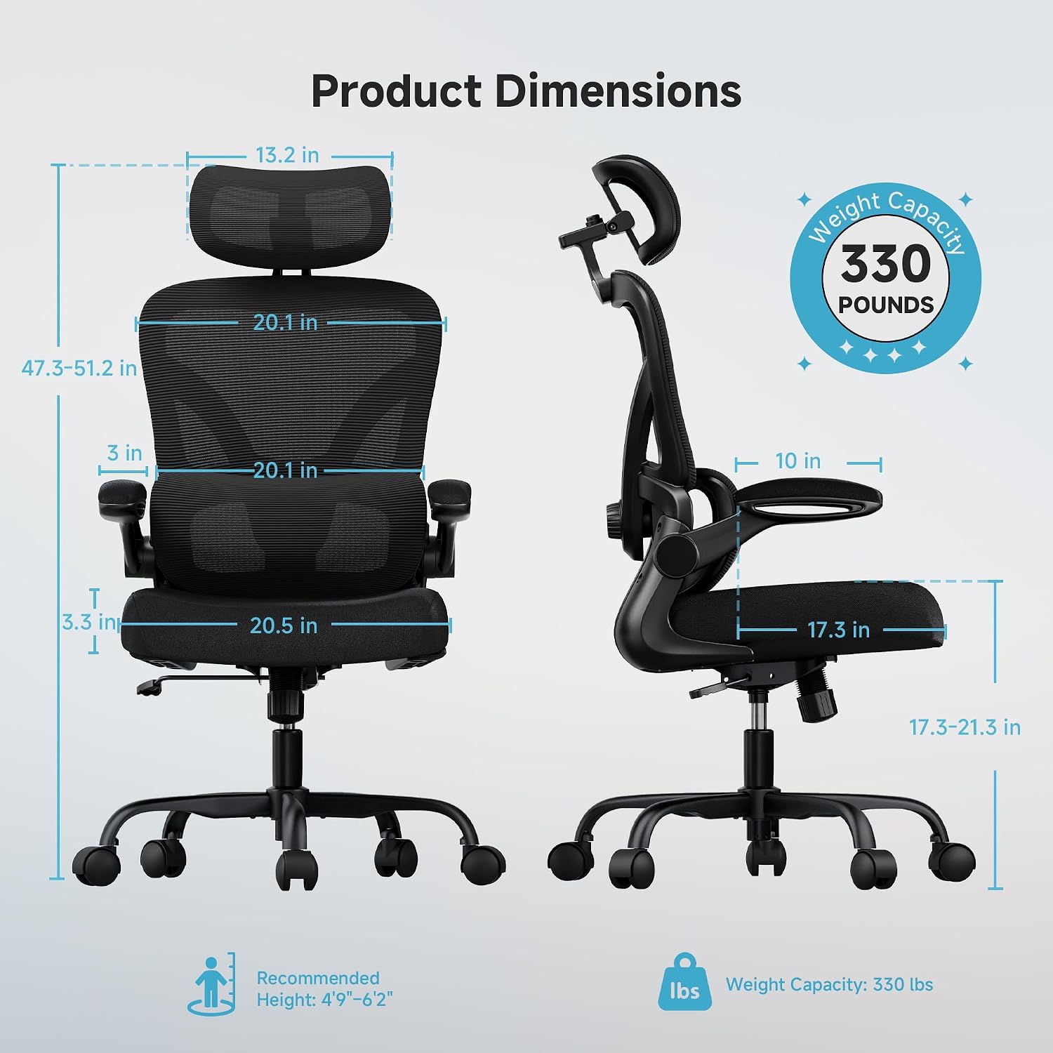 Ergonomic Office Chair, 330LBS Desk Chair with 3-Level Lumbar Support & Headrest, Breathable Mesh Backrest, Flip-Up Armrests for Home Office and Gaming, Black