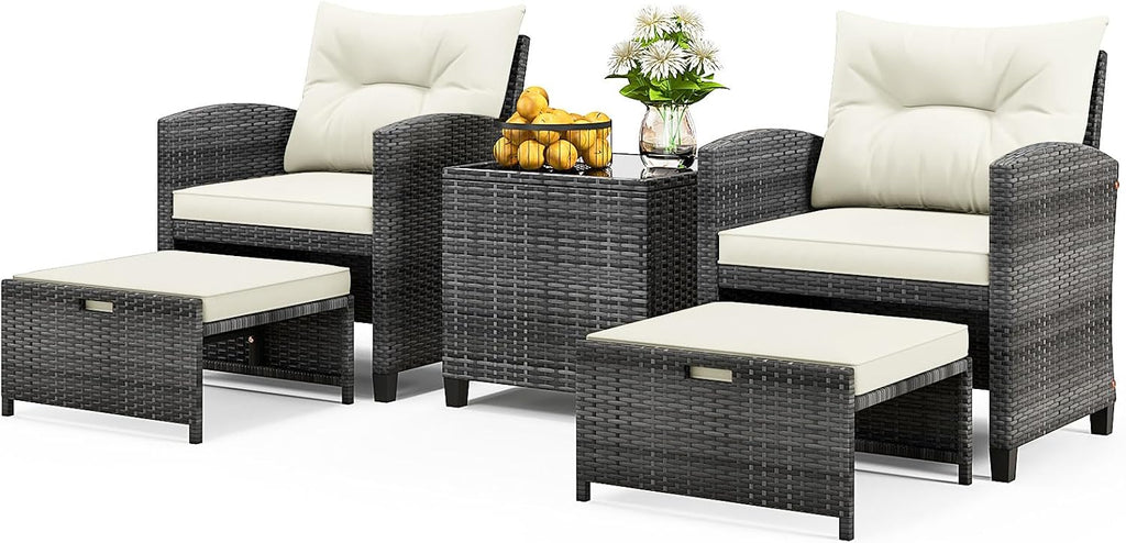 ORALNER 5 Pieces Patio Furniture Set with Ottoman, Wicker Conversation Set w/Cushions, Glass Coffee Table, Outdoor Lounger Rattan Chairs Bistro Set for Porch Balcony Garden Deck Poolside (White)