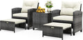 ORALNER 5 Pieces Patio Furniture Set with Ottoman, Wicker Conversation Set w/Cushions, Glass Coffee Table, Outdoor Lounger Rattan Chairs Bistro Set for Porch Balcony Garden Deck Poolside (White)