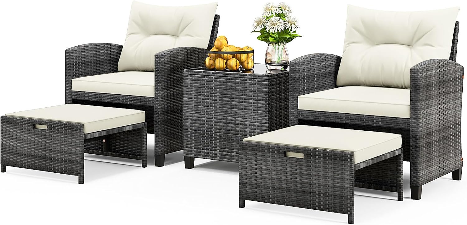 ORALNER 5 Pieces Patio Furniture Set with Ottoman, Wicker Conversation Set w/Cushions, Glass Coffee Table, Outdoor Lounger Rattan Chairs Bistro Set for Porch Balcony Garden Deck Poolside (White)