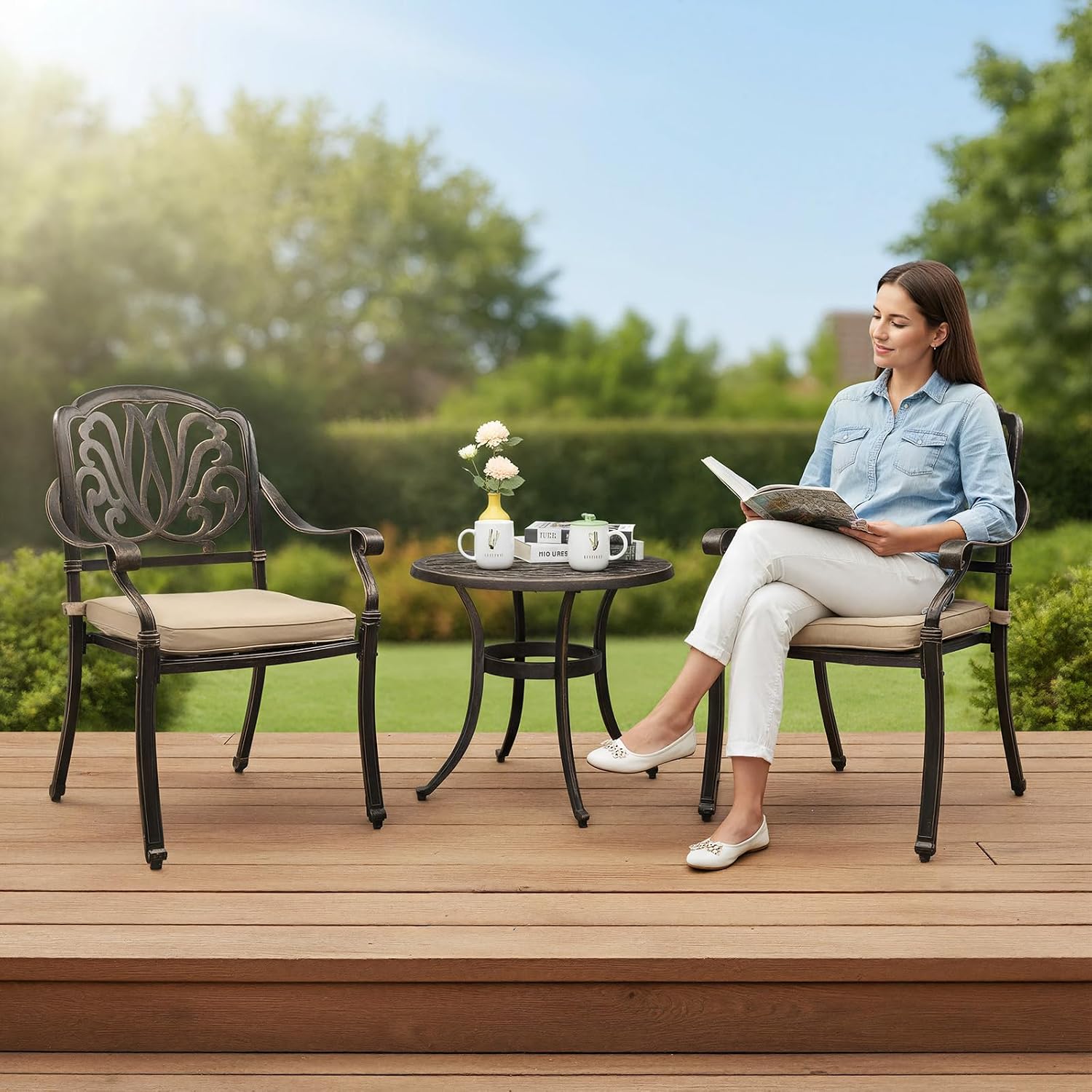 VINGLI 3 Piece Outdoor Bistro Set, Cast Aluminum Patio Table and 2 Chairs Set for Patio Balcony Garden, All Weather Outdoor Furniture Set with Stackable Chairs and Small Round Table