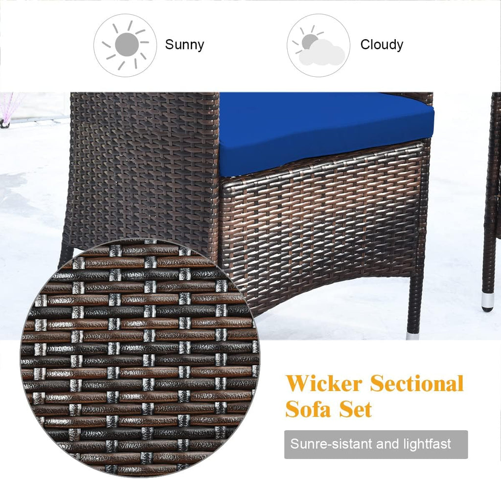 COSTWAY 8PCS Rattan Patio Furniture Set, Outdoor Wicker Rattan Chairs with Coffee Table, Rattan Cushioned Conversation Set for Backyard Balcony Porch Poolside, Navy
