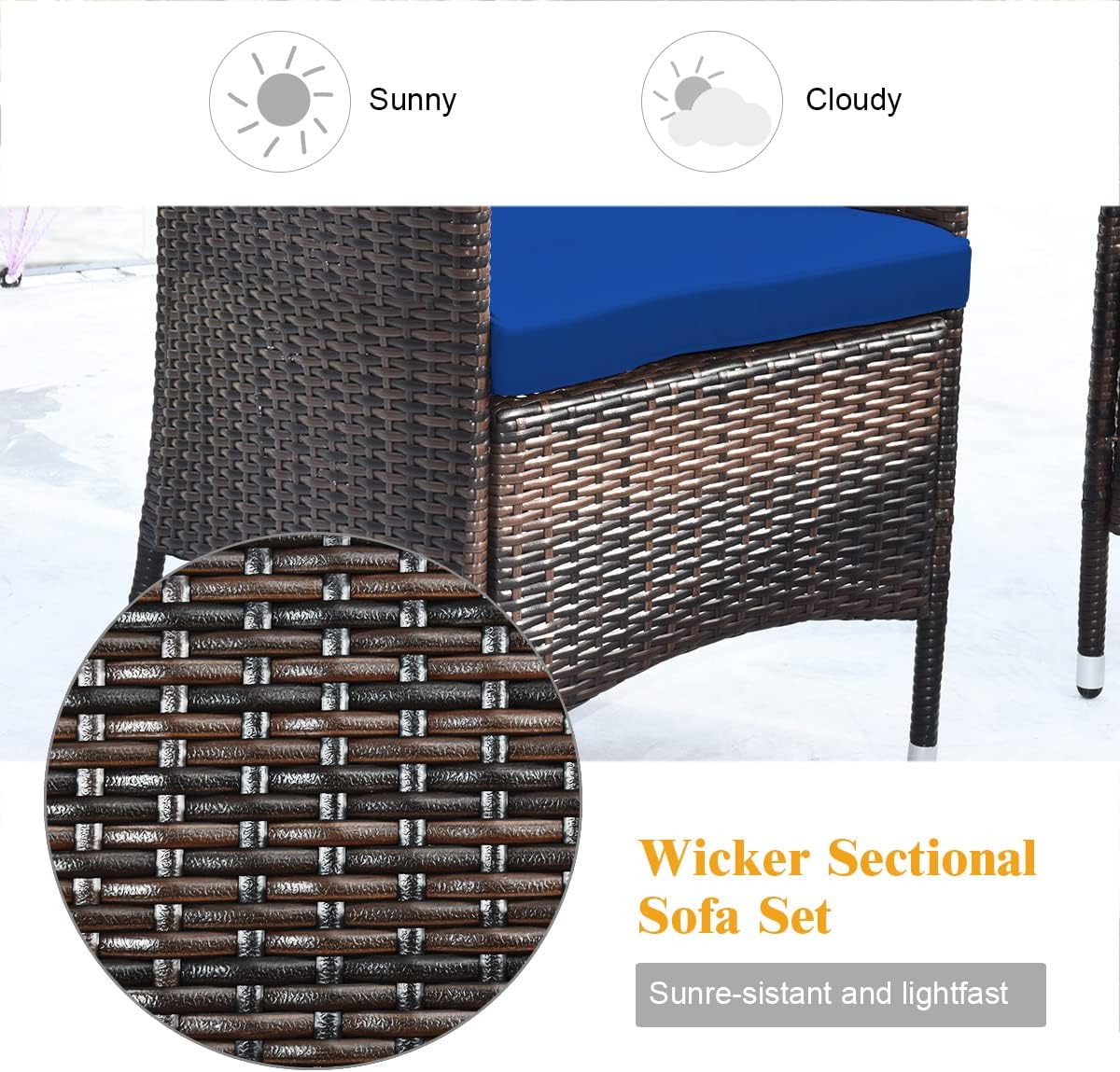 COSTWAY 8PCS Rattan Patio Furniture Set, Outdoor Wicker Rattan Chairs with Coffee Table, Rattan Cushioned Conversation Set for Backyard Balcony Porch Poolside, Navy