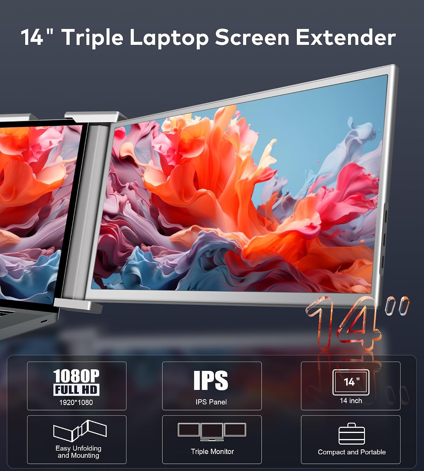 Laptop Screen Extender, 14' FHD 1080P IPS Laptop Monitor Extender, 315° Rotation Triple Portable Monitor for 13.5' -16.5' Laptops, Type-C/HDMI/USB-A Plug & Play for Wins, Mac, Android, Switch