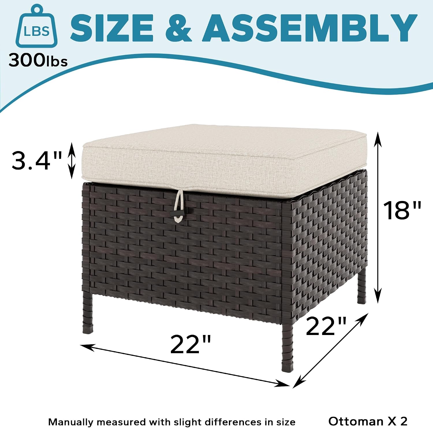 Patio Wicker Ottomans with Removable and Washable Covers, PE Rattan Outdoor Footstools for Porch, Sunroom (Beige)