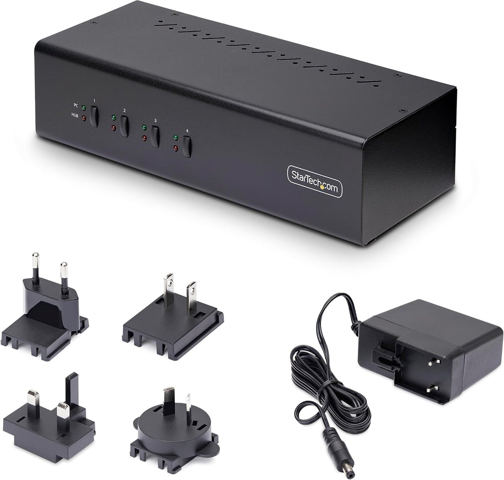 StarTech.com 4-Port Dual-Monitor DisplayPort KVM Switch, 4K 60Hz, 2X USB 5Gbps Hub Ports, 2X USB 2.0 HID Ports, Hotkey and Push-Button Switching, TAA Compliant (P4DD46A2-KVM-SWITCH)