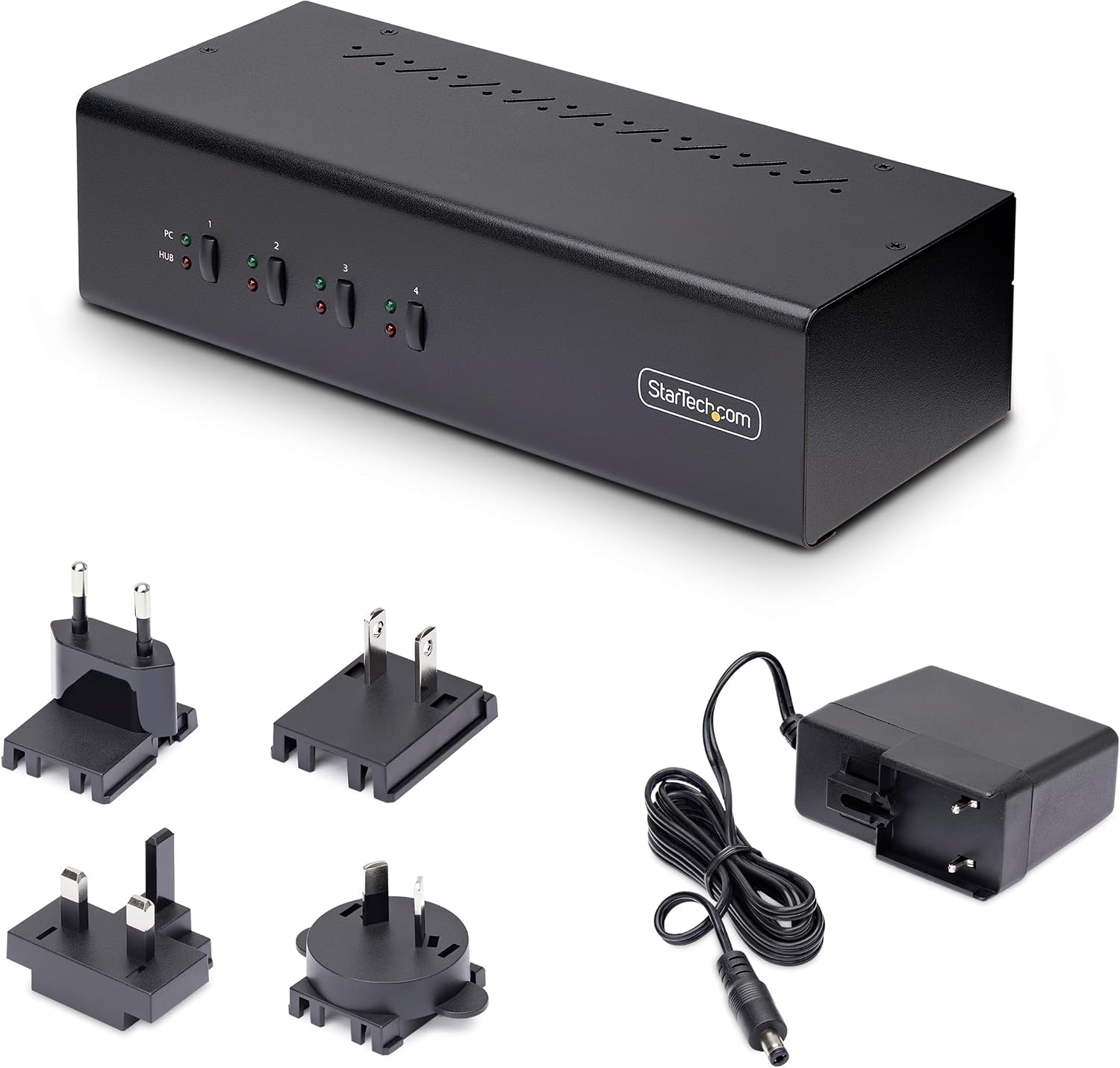 StarTech.com 4-Port Dual-Monitor DisplayPort KVM Switch, 4K 60Hz, 2X USB 5Gbps Hub Ports, 2X USB 2.0 HID Ports, Hotkey and Push-Button Switching, TAA Compliant (P4DD46A2-KVM-SWITCH)