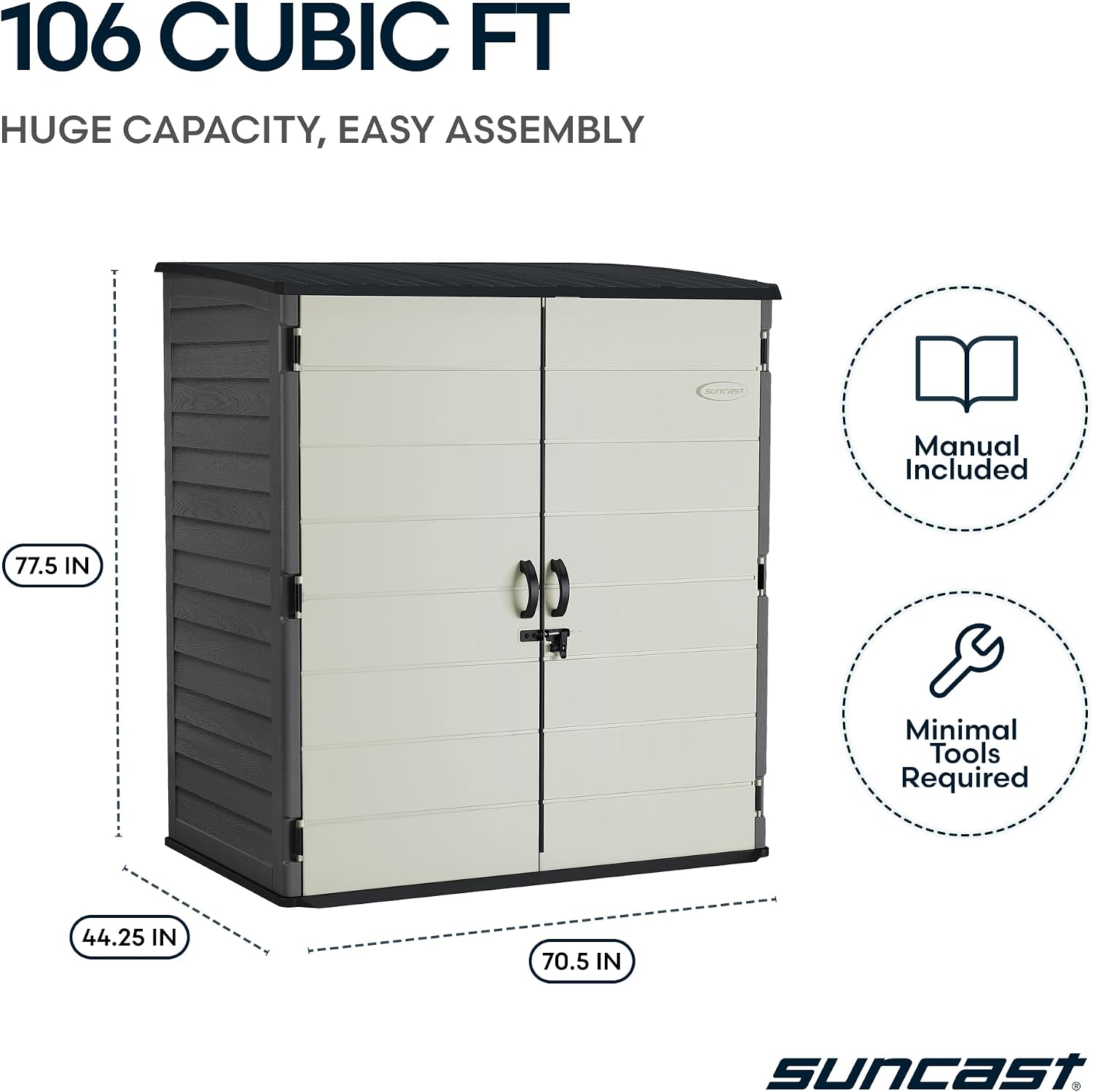 Suncast 106 Cu Ft Extra Large Vertical Outdoor Storage Shed - Resin Shed & Outdoor Storage with Floor and Lockable Double Doors, Weatherproof for Garden Tools, Pool Equipment, & Patio Cushions