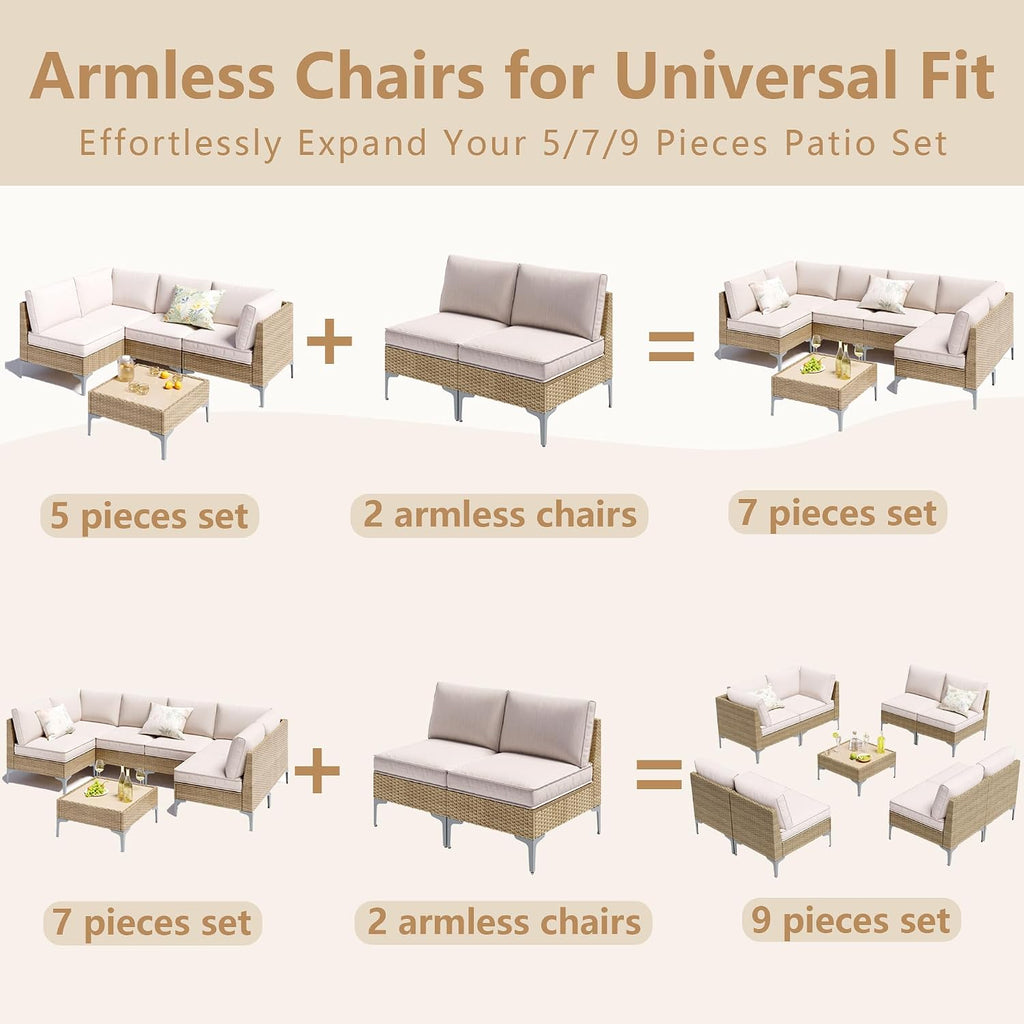 2 Piece Patio Furniture Set, Wicker Modular Outdoor Furniture with Thicker Cushions, Outdoor Couch Sofa for Garden, Poolside, Backyard, Beige