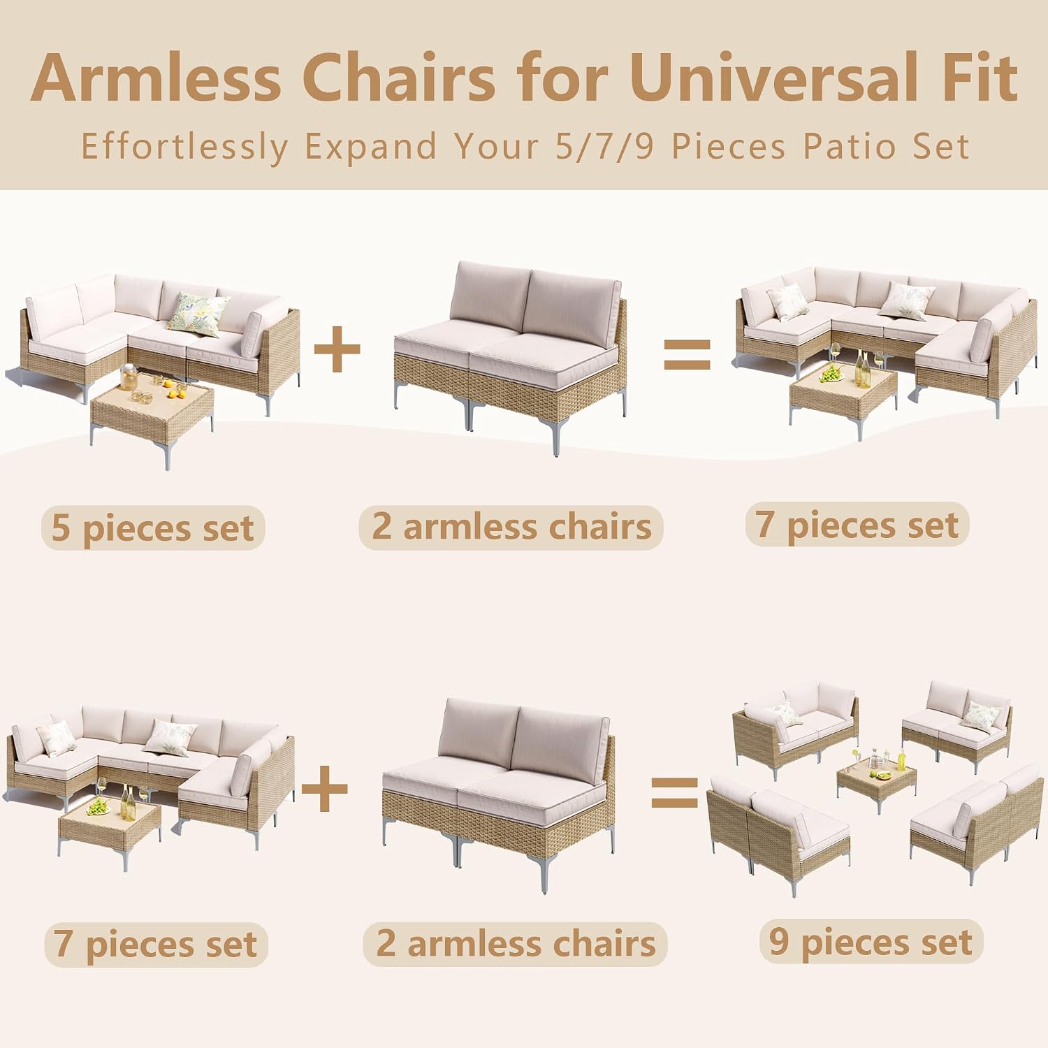 2 Piece Patio Furniture Set, Wicker Modular Outdoor Furniture with Thicker Cushions, Outdoor Couch Sofa for Garden, Poolside, Backyard, Beige