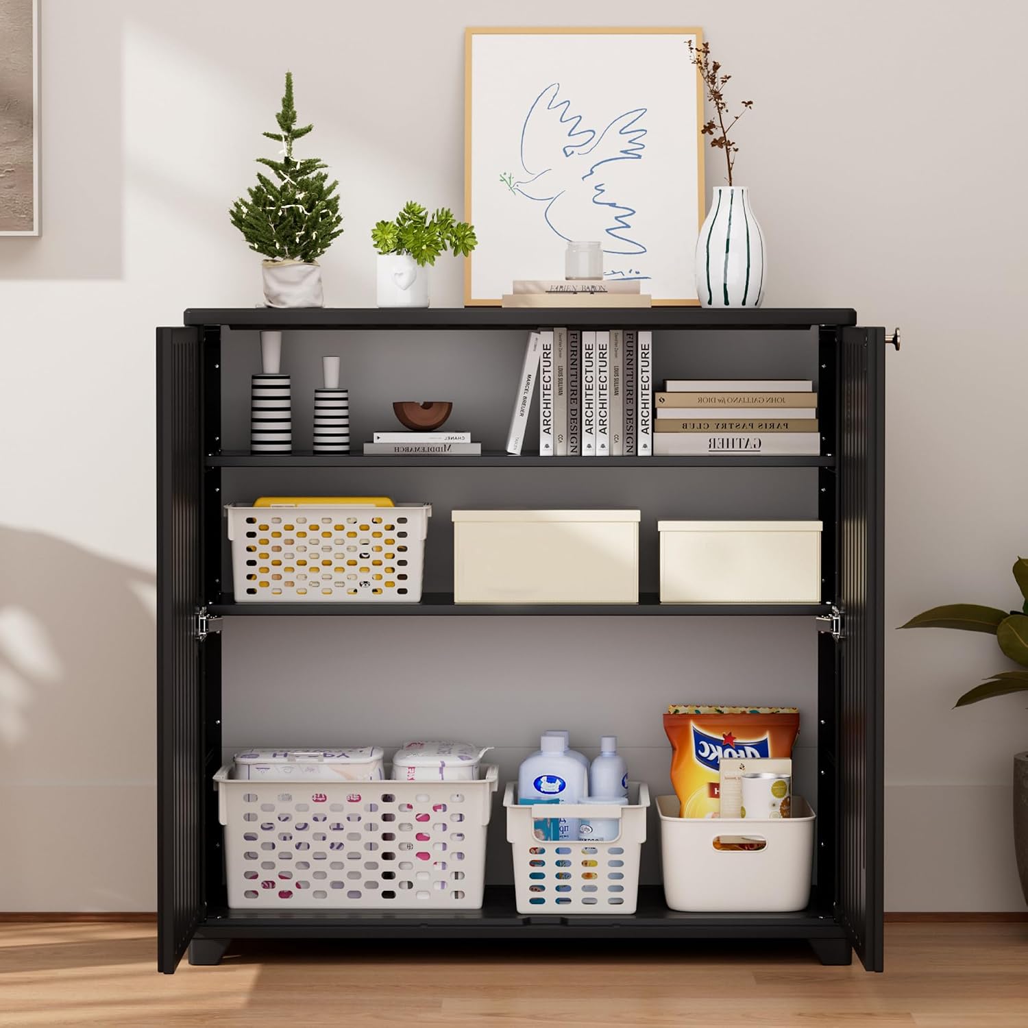 ADDOK Indoor Outdoor Plastic Storage Cabinet 34'x15'x34' with 1 Shelf, Outdoor Storage Shed for Living Room, Hallway, Balcony, Garage, Garden,Black