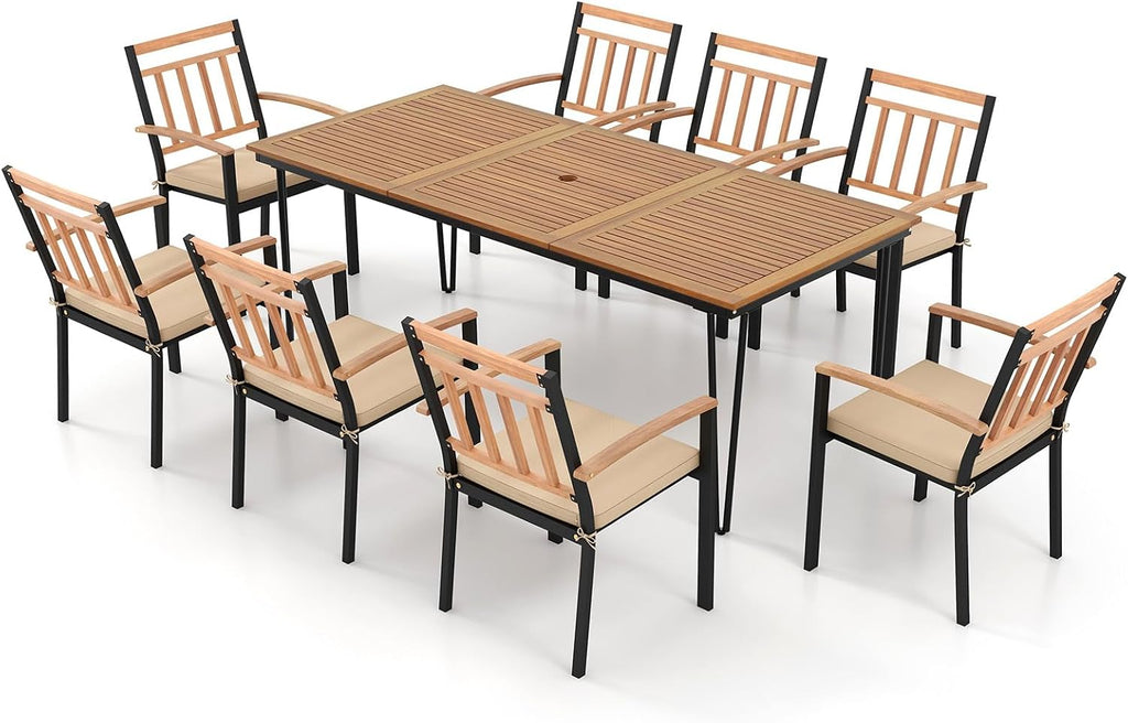 Tangkula 9 Piece Patio Dining Set, Outdoor Dining Furniture Set w/Rectangular Acacia Wood Dining Table & 8 Cushioned Chairs, Metal Frame Dining Set w/Umbrella Hole for Yard, Porch, Garden, Deck