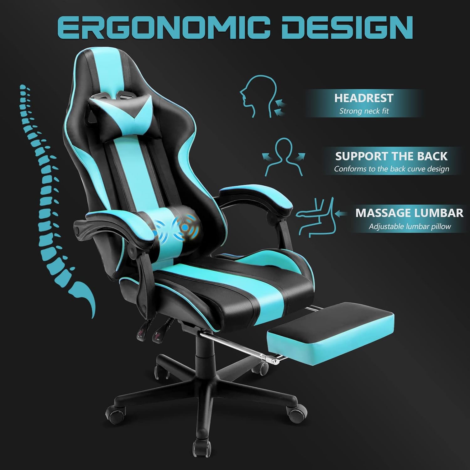 Ferghana Gaming Chairs, Ergonomic Racing Style PC Game Computer Chair with Headrest Lumbar Support Adjustable Recliner PU Leather Video Computer Chair(Lake Blue)