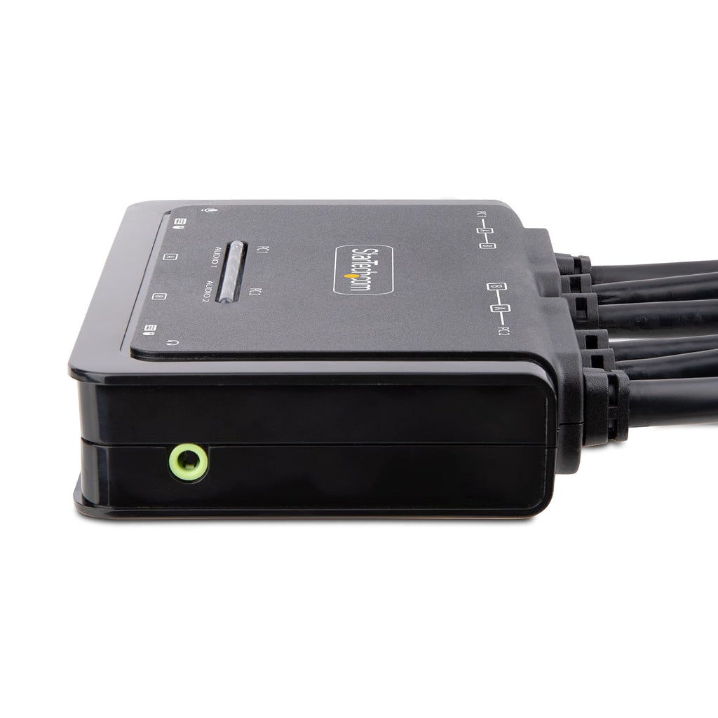 StarTech.com 2-Port Dual-Monitor HDMI Cable KVM Switch, 4K 60Hz, Compact KVM with 5ft/1.5m USB-A/HDMI/Audio Integrated Cables, Bus Powered, Remote/Hotkey Switching (C2-DH46-UA2-CBL-KVM)