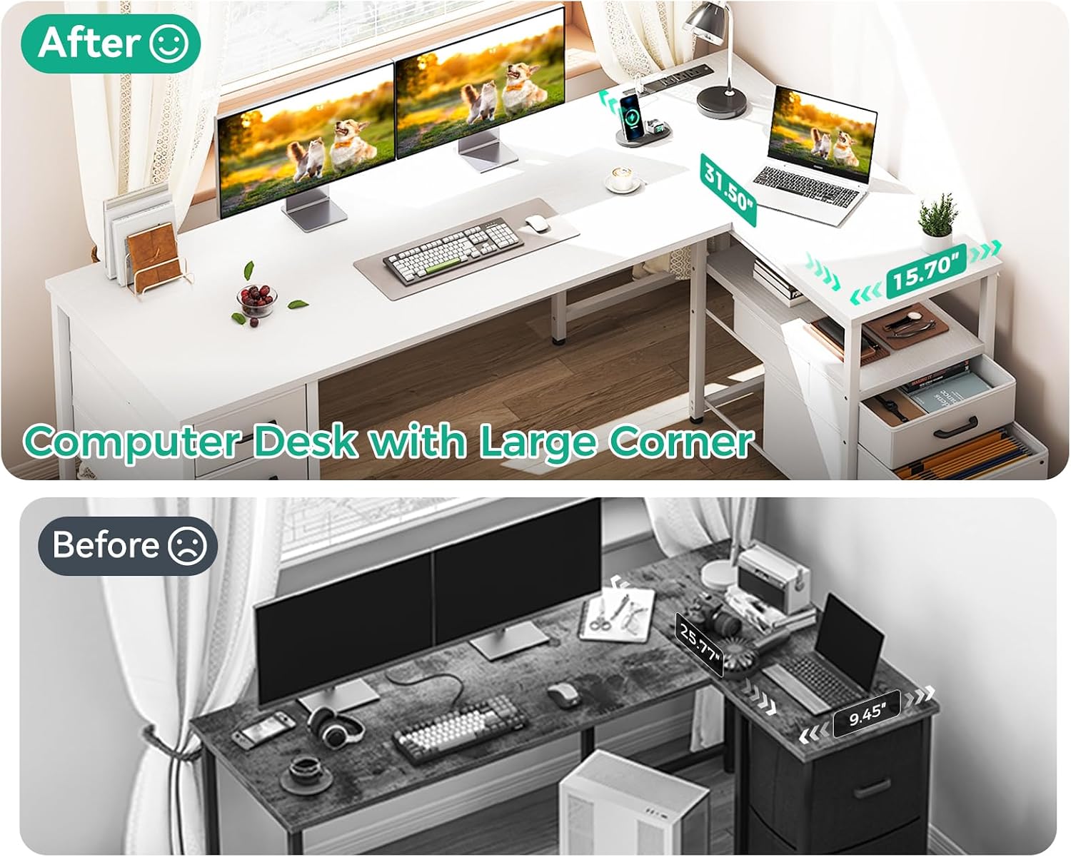 Coleshome L Shaped Computer Desk with 6 Drawers & Power Outlet, 63 Inch Office Desk with Reversible Storage Shelf & File Drawer, Home Office Desk, White