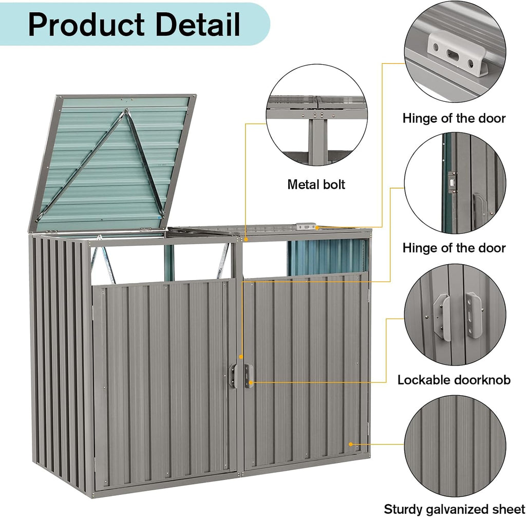 Outdoor Trash Can Storage, Garbage Bin Shed Stores 2 Trash Cans, Metal Outdoor Storage Shed for Garbage Cans, Garden Accessories, Backyard, and Patio Use, Lockable, Light Grey