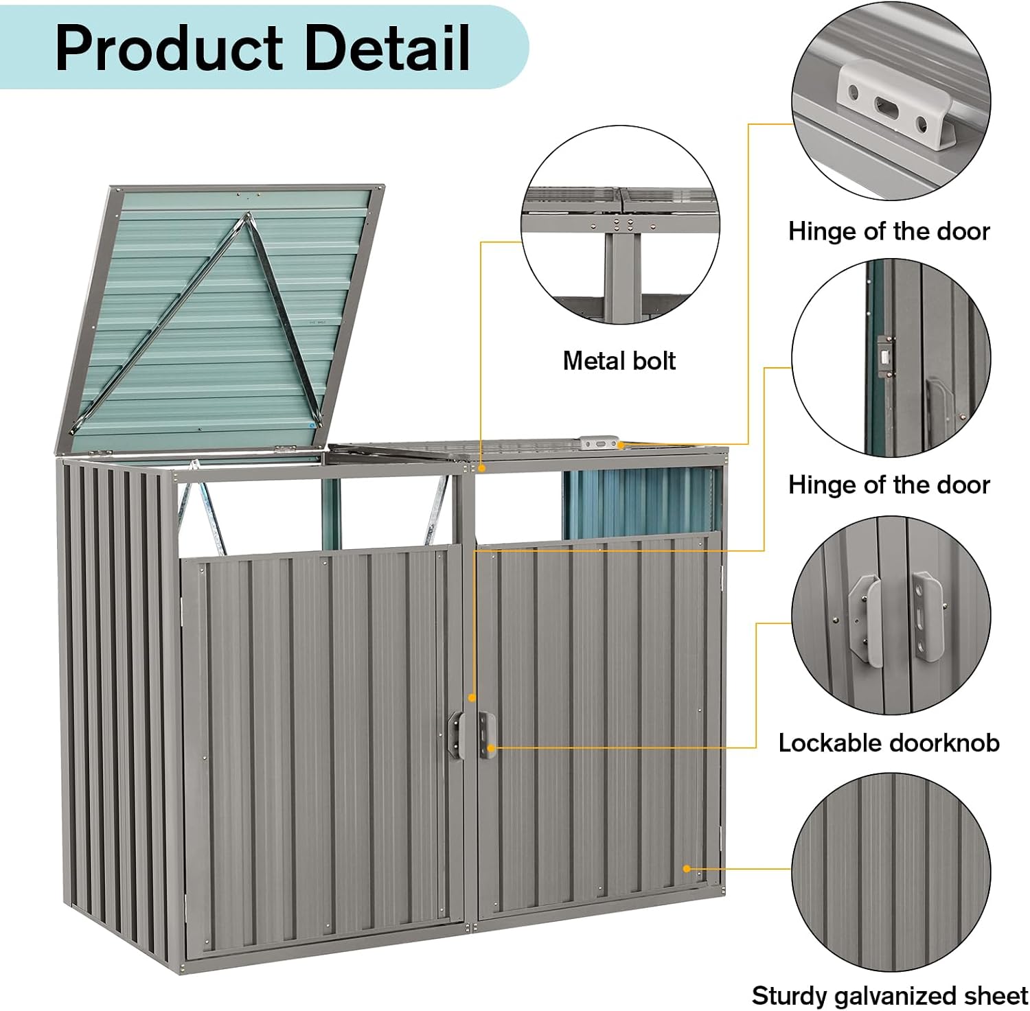 Outdoor Trash Can Storage, Garbage Bin Shed Stores 2 Trash Cans, Metal Outdoor Storage Shed for Garbage Cans, Garden Accessories, Backyard, and Patio Use, Lockable, Light Grey
