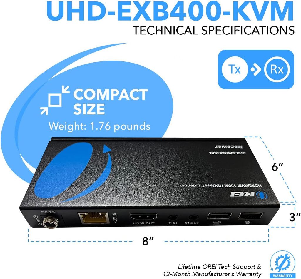 OREI 4K@60Hz KVM HDMI Extender Over Ethernet PoC Single HDBaseT CAT5e/CAT6A/CAT7 Cable - Upto 400 feet 4:4:4 - Remote, Keyboard, Mouse, USB Control