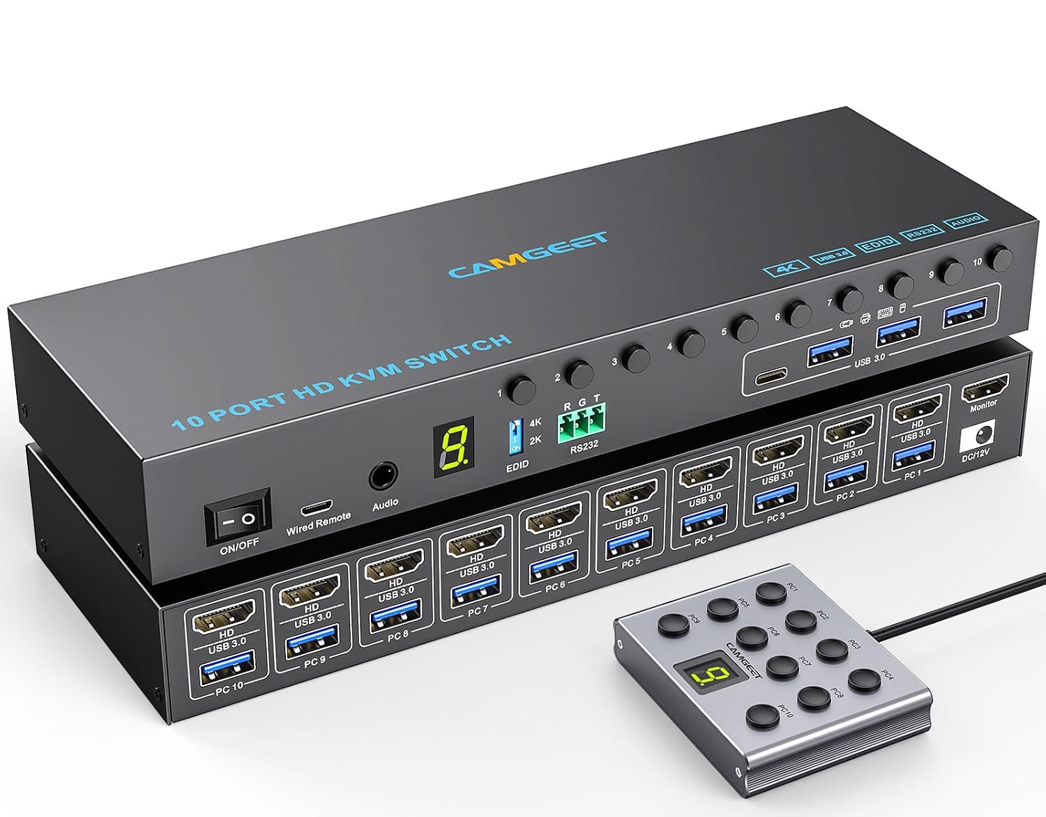 10 Port 8 Port 2 Monitors KVM Switch HDMI 4K@60Hz EDID Simulation, USB 3.0 Dual Monitor KVM Switch 2 Monitors 8 Computers 10 Computers,4 USB3.0 Ports, Audio,RS232,Wired Remote,12V Power,10 USB Cables