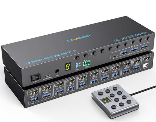 10 Port 8 Port 2 Monitors KVM Switch HDMI 4K@60Hz EDID Simulation, USB 3.0 Dual Monitor KVM Switch 2 Monitors 8 Computers 10 Computers,4 USB3.0 Ports, Audio,RS232,Wired Remote,12V Power,10 USB Cables
